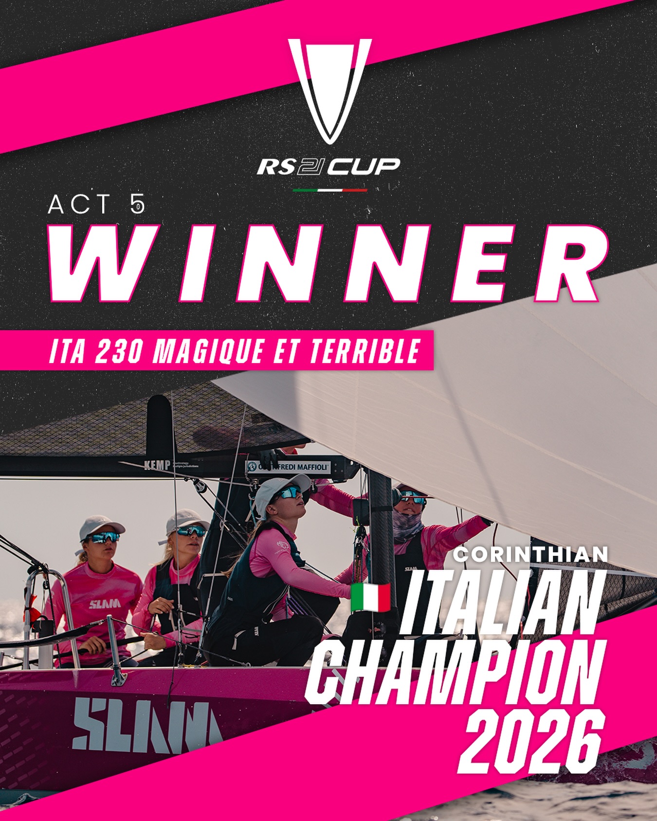 2026 Italian Corinthian Champions! ๐ฎ๐น
Congratulations to ITA 230 Magique et Terrible with Sofia Giondi, Malika Bellomi, Elisa Ziletti, Lucia Marchi
and Chiara Degli Angioli - crowned RS21 Italian Corinthian Champion 2026 after a great season of racing.
A title to celebrate! ๐ช๐ป๐ช๐ป