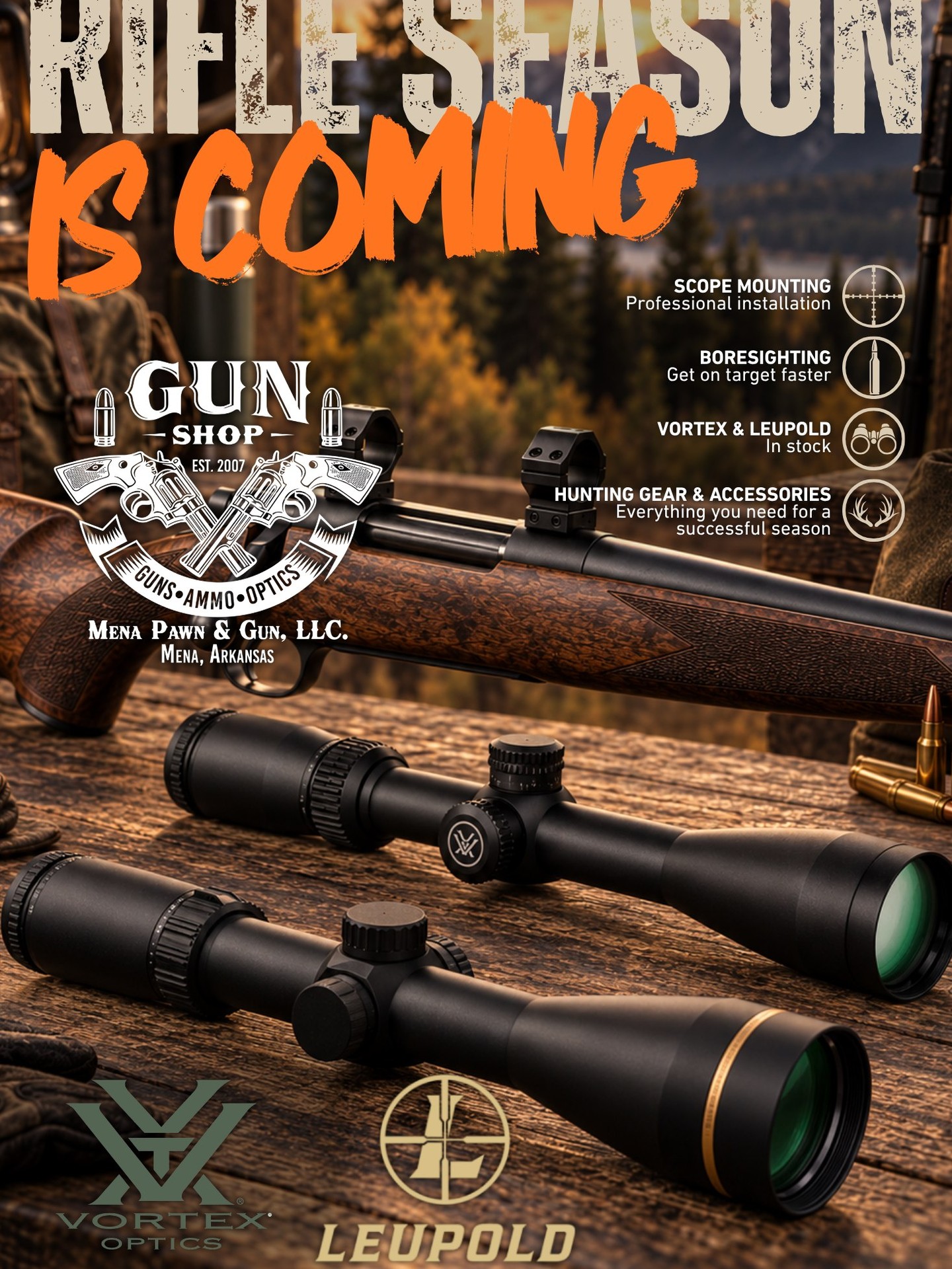 Rifle season will be here before you know it. Don’t wait until the last minute to get your rifle ready.
We carry Vortex and Leupold scopes in-store, and we can mount and boresight your scope so you’re ready to head to the range and finish dialing it in before opening day.
Already have a scope? Bring it and your rifle by and ask us about mounting and boresighting.