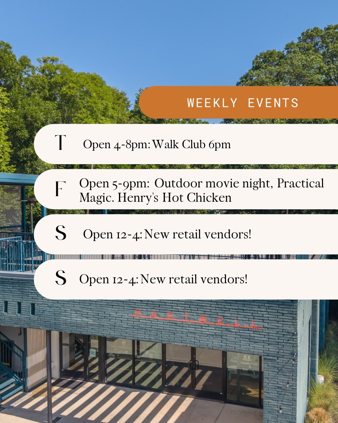 This week at Hartwell!
It’s a new retail quarter and new vendors are filing in all week! Come check out the new shelves.
Walk club returns Thursday night, meet at Hartwell at 6pm. $5 bevvies all night.
On Friday it’s an outdoor movie night with @henryshotchickentruck!