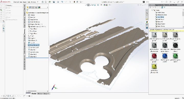 Here's how our scan comes in and what we produce from it.
The scan comes through as a triangulated .STL file (beige / brown). Good for things like 3d printing, but not clean for taking geometry from, which is necessary for a good CNC program.
The scanned part is often faulty, other than the break, this part wasn't very flat which is common for something that's been outside for so long.
So we use it as a guide to create a clean model from (blue) in the same position to check against the scan. Then mirrored it, as we are fixing the other side which is missing. Final result image attached.
#3dscanningsheffield #woodworksheffield #peel3d #bargeboard #solidworks