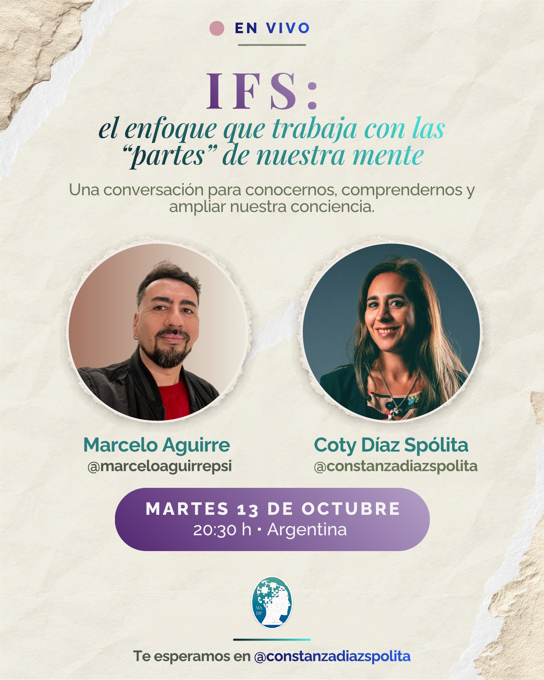 ✨ FRECUENCIA ✨
¡Hola a todos! El martes 13 de octubre voy a participar como invitado en el nuevo ciclo de vivos de Coty Díaz Spólita, «Frecuencia».
En este primer encuentro conversaremos sobre «IFS» (Internal Family Systems): un enfoque que nos invita a conocer las distintas “partes” de nuestra mente y a comprender qué intentan expresar, evitar o proteger.
Quizá una parte de nosotros quiere avanzar mientras otra siente miedo. Una busca descansar y otra nos exige continuar. A veces intentamos silenciar estos conflictos cuando, en realidad, podríamos comenzar por escucharlos con curiosidad y compasión.
Porque antes de cambiar algo, necesitamos poder verlo.
Como propone Coty: «Pará. Observá. Tomá conciencia. Y después, elegí».
🎙️ FRECUENCIA:
Conversaciones para escucharte, mirarte y ampliar tus posibilidades.
📅 Martes 13 de octubre
🕣 20:30 h · Argentina
📍 Te esperamos en @constanzadiazspolita
¿Te sumás?