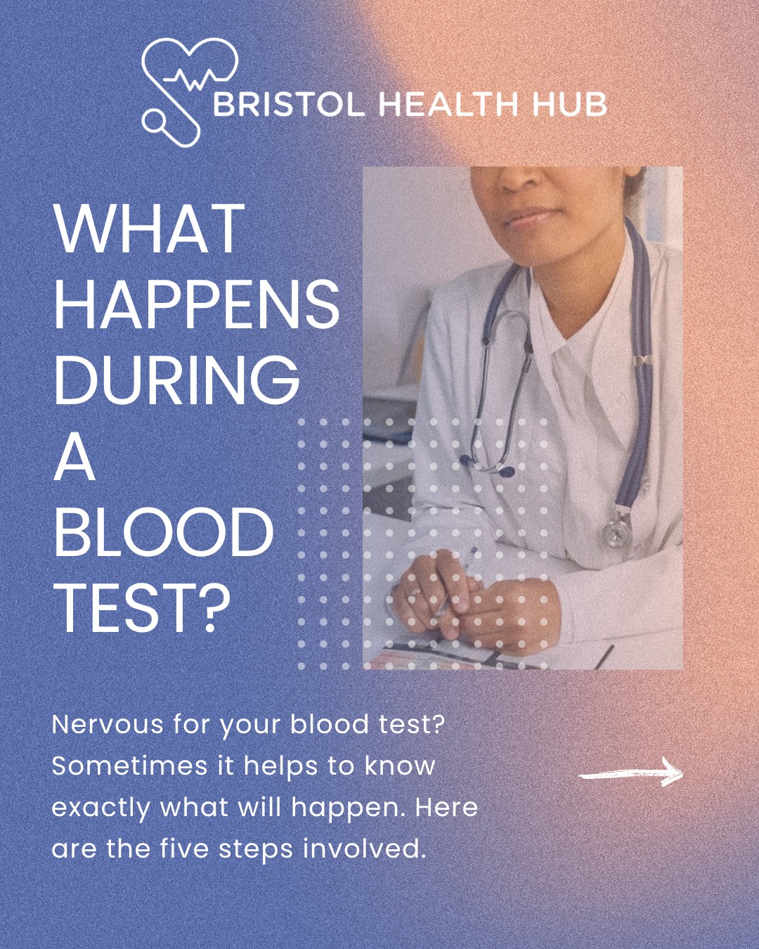 Nervous for your blood test? Sometimes it helps to know exactly what will happen. Here are the five steps involved.
Book a blood test today on the Bristol Health Hub website. Click the link in bio.
Regular blood testing is essential for preventative healthcare.
#Bristolhealthhub #bristol #privatehealth
#malehealth