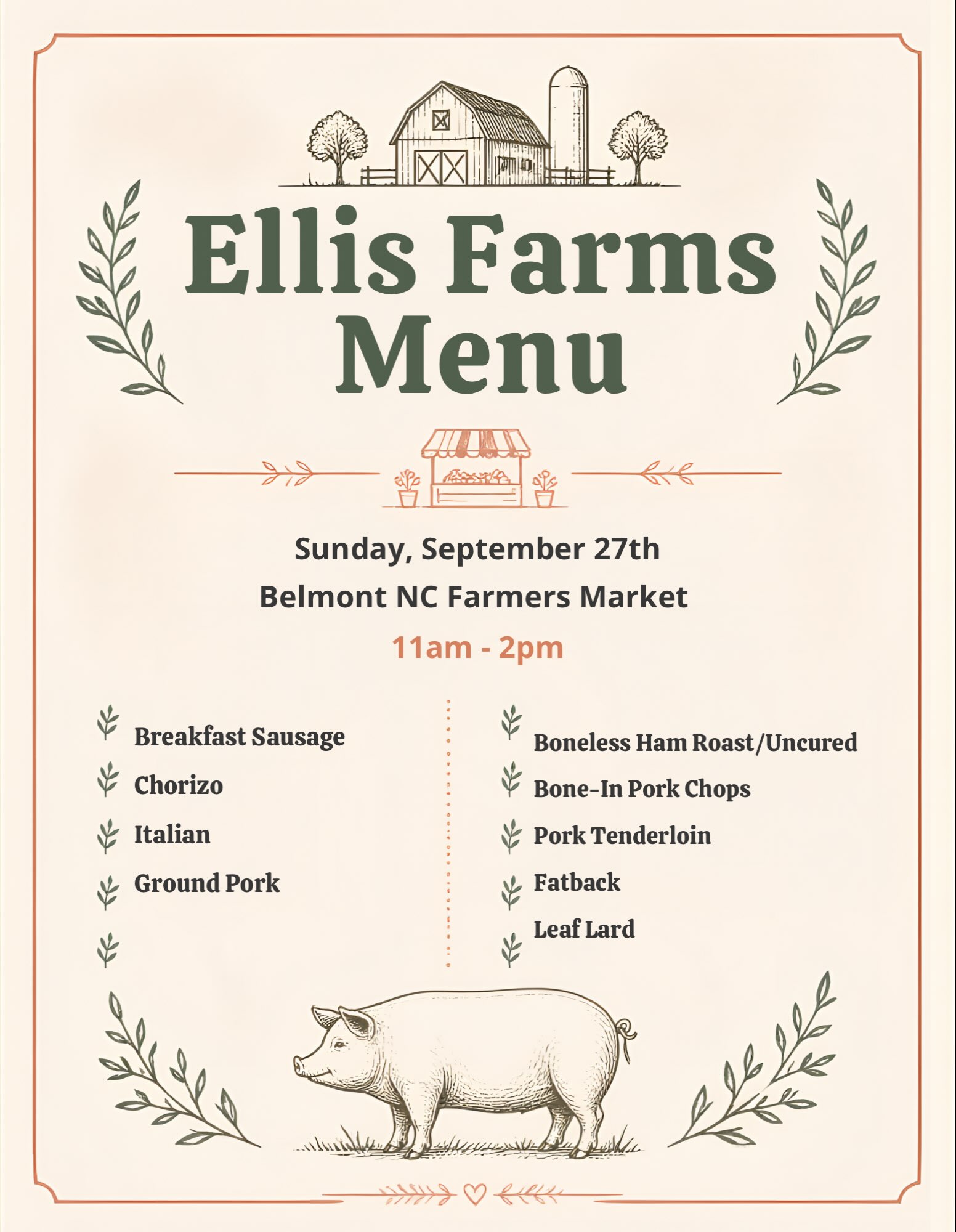Greetings Belmont! We hope to see you at Stowe Park starting at 11am for Harvest Fest. Apples are the main feature. And what goes great with apples? Pasture raised pork of course! Stop by and see us! We are there until 2pm! 🍎🐖🍏 @belmontnc_farmersmarket @belmont_nc_happenings @belmont_beyond