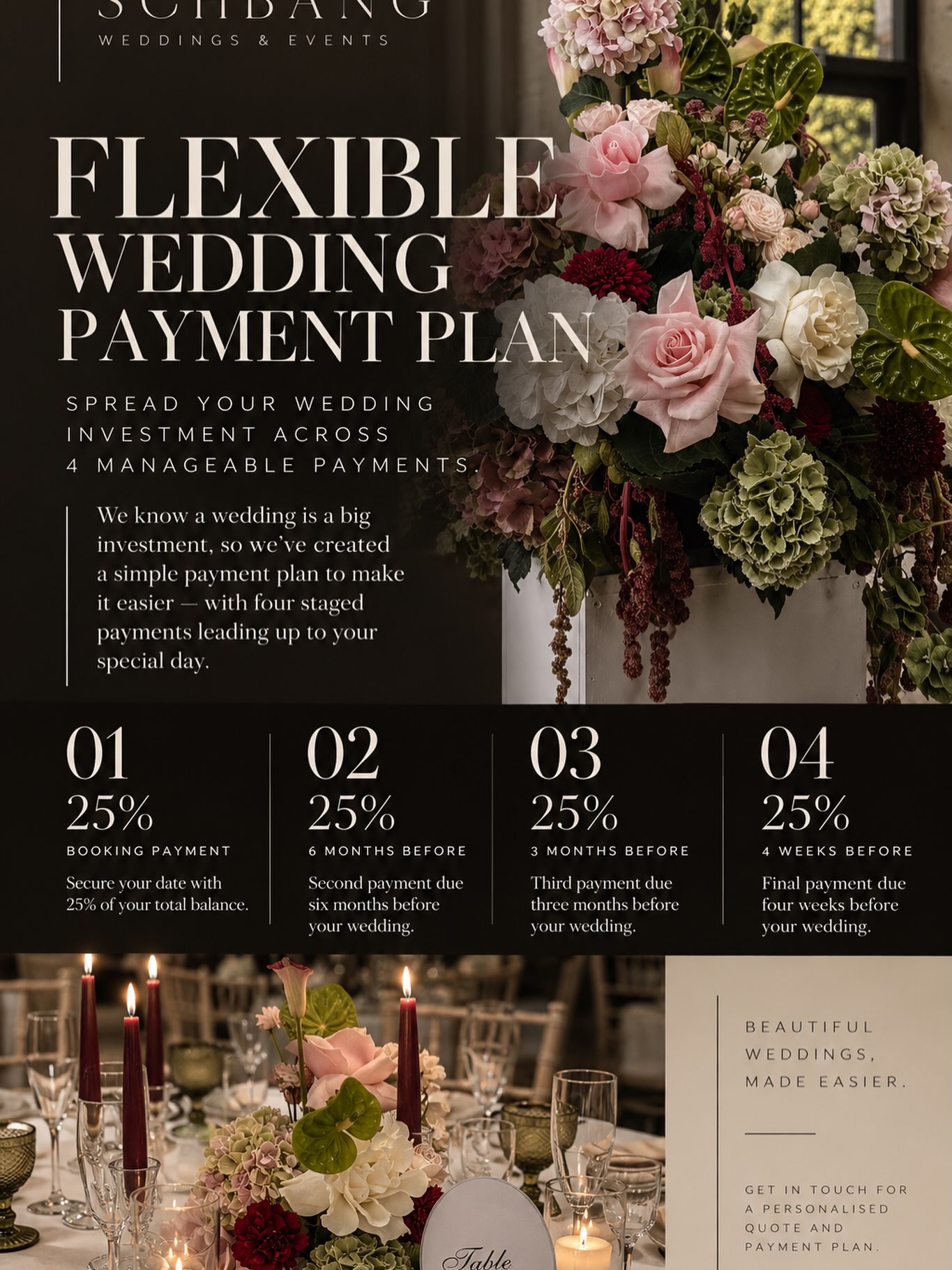 Do you know as an established business with 15 years experience we can accept credit and debit cards through our worldpay email link system. Few suppliers offer this option - our processes offer you more security and flexibility.
We know planning a wedding is a big investment, and lately we’ve had lots of couples asking about different ways to make payments feel a little more manageable for planning.
At Schbang, we can offer staged payment options through our Worldpay card processing system, allowing you to spread the cost of your wedding styling across a number of smaller payments in the lead-up to your day. This is essentially the same process as your venue contracts.
Rather than compromising on the design you really want, or having a large balance to pay all at once with other suppliers payments, we can agree a payment schedule that works alongside your wedding date.
It means you can secure your booking, plan ahead with confidence and keep the vision you’ve fallen in love with. It doesn’t mean you have to DIY buy items and stress about styling yourself.
Luxury design. Flexible planning. No need to compromise.
If you’re currently planning your wedding and would like to chat through your styling, floral design, hire items or payment options, get in touch with us.
www.thewholeschbang.co.uk
Staged payments are arranged directly with Schbang and processed securely through Worldpay. Full balance must be paid before the wedding date.