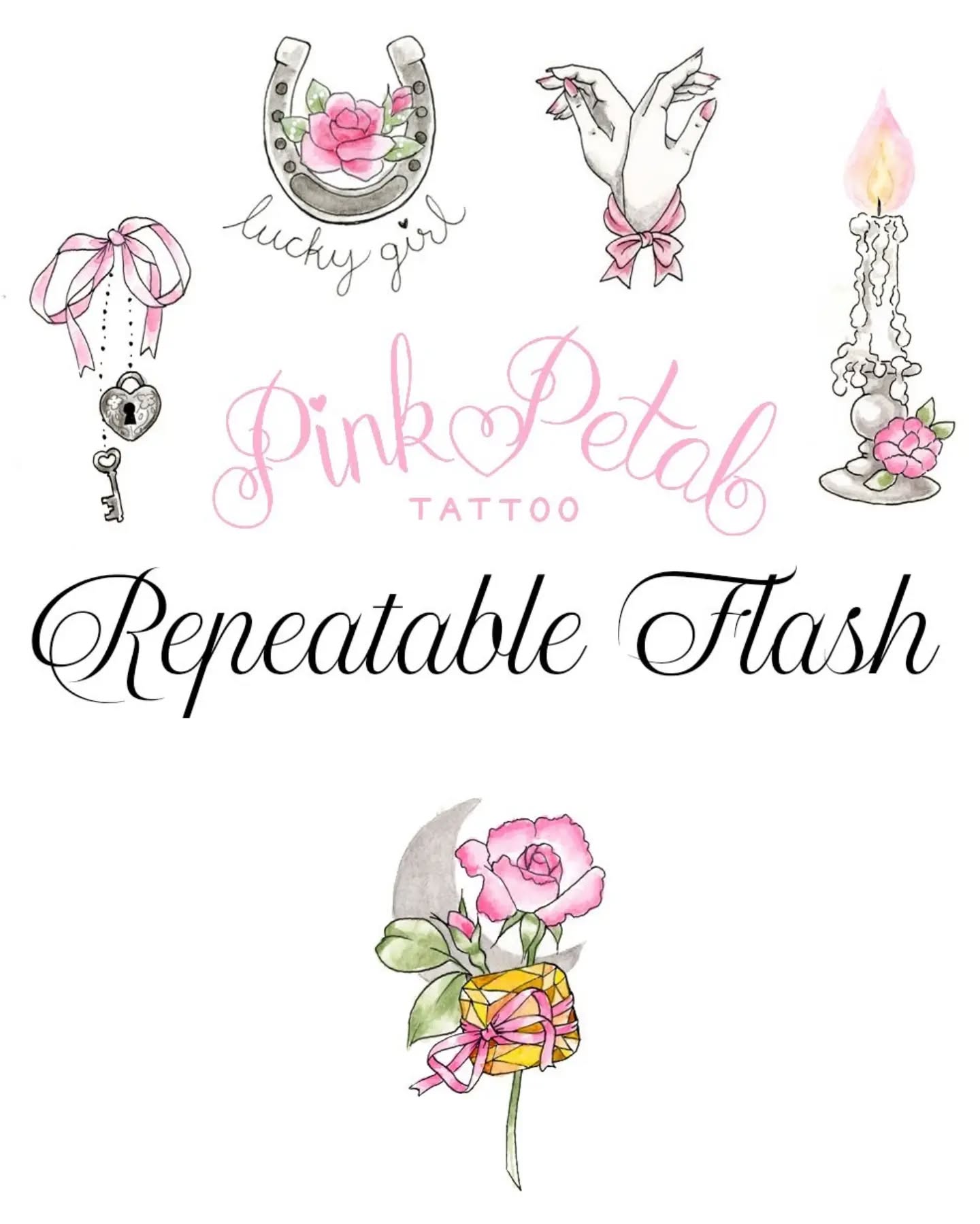 All my current repeatable tattoo designs! These are available until I retire them ~
I'm Quinne aka Pink Petal Tattoo, a girly tattoo artist in NYC who travels sometimes too 🩷 Want to book? Have questions? Fill out my form! I can't wait to hear from you 🩷