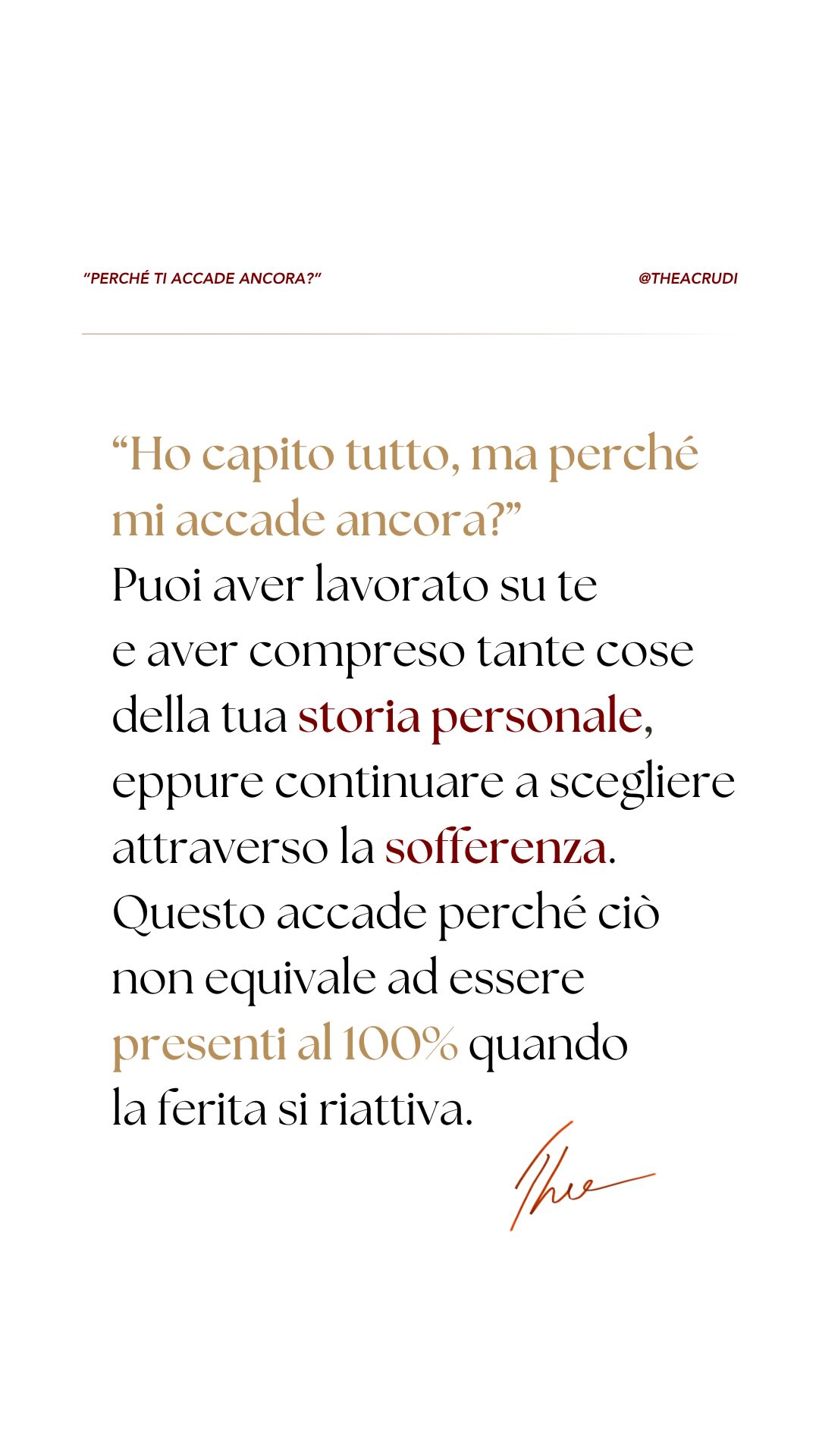“Ho capito tutto. Ho lavorato su di me. So da dove viene questa ferita. Perché allora mi accade ancora?”
È una domanda che sento spesso e che, in realtà, apre una distinzione molto importante 👇🏻
Comprendere la propria storia è fondamentale. Ma comprendere qualcosa con la mente non significa necessariamente essere presenti nel momento in cui quella ferita si riattiva.
✨ Possiamo sapere perfettamente da dove nasce una nostra paura e continuare, quando quella paura emerge, a scegliere secondo il suo antico schema.
Per questo la conoscenza è soltanto una parte del lavoro.
Abbiamo bisogno anche di strumenti che ci aiutino a riconoscere ciò che accade mentre sta accadendo, a creare uno spazio tra lo stimolo e la risposta e, progressivamente, a non identificarci più completamente con ciò che si riattiva dentro di noi.
🪷 È anche questo che intendo quando parlo di Yoga spirituale: non soltanto conoscenza, ma una pratica capace di trasformare il modo in cui viviamo ciò che conosciamo.
Se una cosa continua a ripetersi, forse non ci sta chiedendo soltanto di capirla.
Forse ci sta chiedendo di trasformare il modo in cui la attraversiamo.
🎁 Questo e molti altri temi delicati saranno affrontati insieme a me durante il Webinar Online Gratuito “Perché ti accade ancora?” che terrò questa sera. Spero proprio di vederti! 🫂
📅 Stasera, giovedì 8 ottobre
🕘 Ore 21:00
✨ Online e gratuito
💬 Commenta con “Ferita” per ricevere in DM il link e partecipare gratuitamente
Ti aspetto questa sera ❤️
#webinar #yogaitalia #crescitapersonale #famiglia #traumi