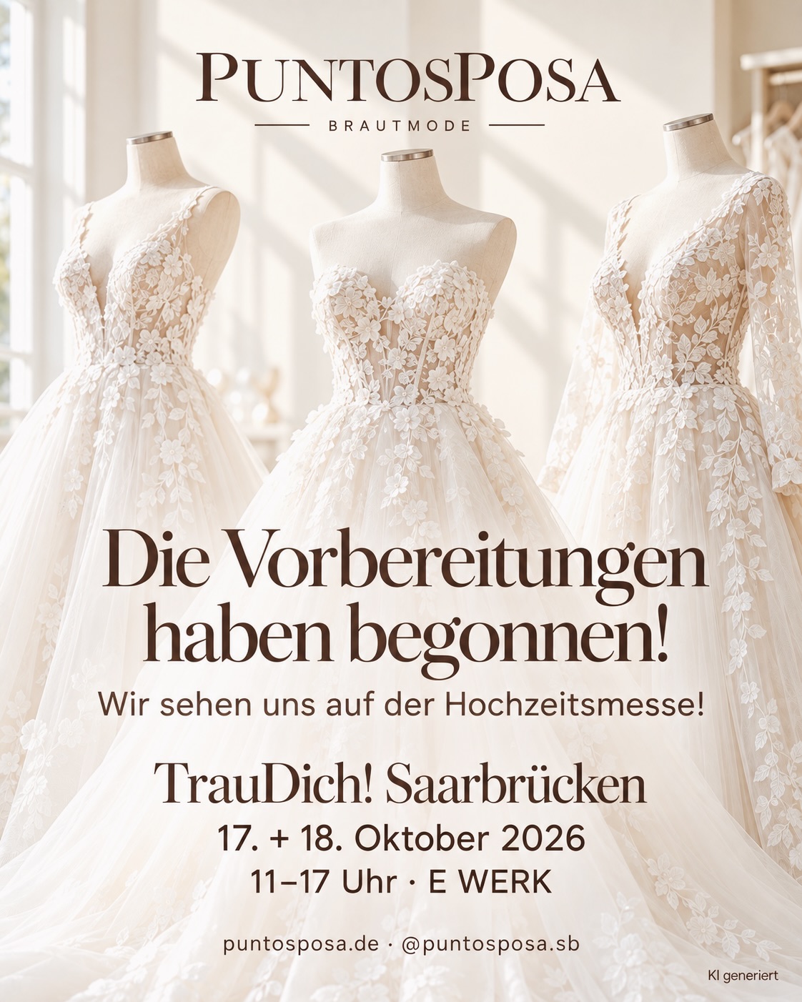 Dein Designer-Brautkleid unter 2.000 €? Ja, das ist möglich! 🤍
Besuche uns an unserem Stand und entdecke, welche Möglichkeiten es gibt, deinen Brautlook nach deinen Wünschen zu gestalten.
@traudich_saarbruecken 📍E WERK Saarbrücken
17. & 18. Oktober 2026 · 11–17 Uhr
Bring deine Ideen mit – wir freuen uns auf dich!
Dein Team Puntosposa
