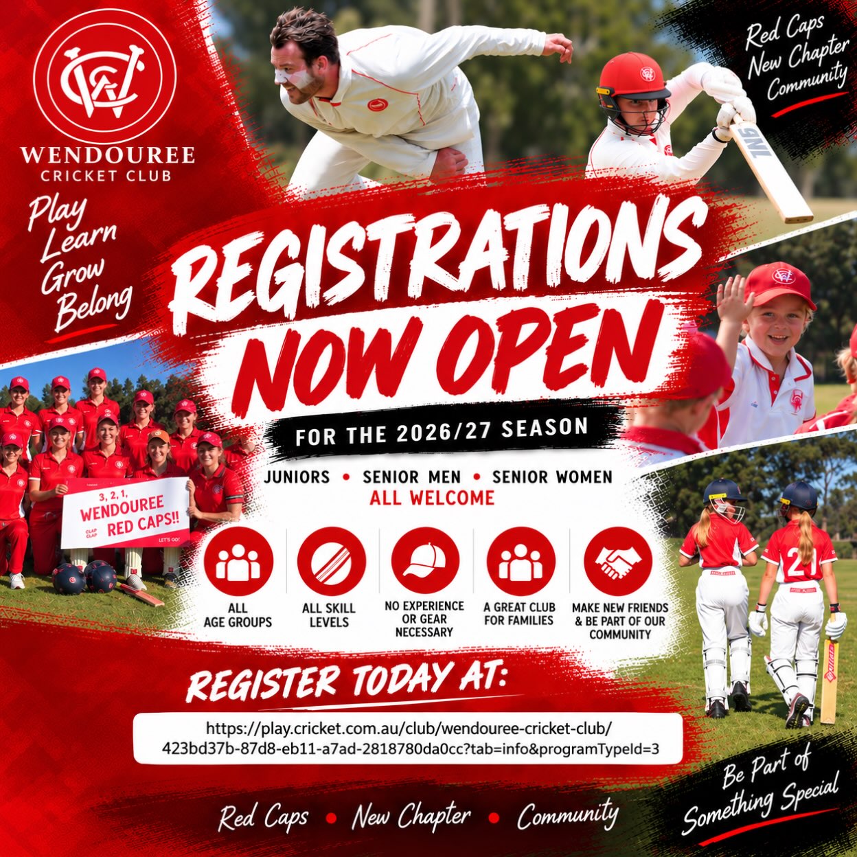 🔥 THE SEASON STARTS HERE. 🔥
2026/27 REGISTRATIONS OPEN
🔴⚪ JOIN THE RED & WHITE 🏏
🚨🏏 WE’RE BACK. AND WE’RE READY TO GO! 🔴⚪
2026/27 REGISTRATIONS ARE NOW OPEN!
The countdown is on. The season is coming. And we want YOU in the red & white! 🔥
Whether you’re chasing runs, taking wickets, developing your game or just looking for a great club to be part of — Wendouree Cricket Club is the place to be.
💥 JUNIORS
💥 SENIORS
💥 NEW PLAYERS
💥 RETURNING PLAYERS
💥 GIRLS/BOYS
💥 MEN/WOMEN
ONE CLUB. ONE FAMILY. ONE BIG SEASON AHEAD.
👉 REGISTER NOW & BE PART OF IT!
🔗 https://play.cricket.com.au/club/wendouree-cricket-club/423bd37b-87d8-eb11-a7ad-2818780da0cc?tab=info
🔴⚪ WENDOUREE CRICKET CLUB 🏏
#WendoureeCricketClub #REDCAPS