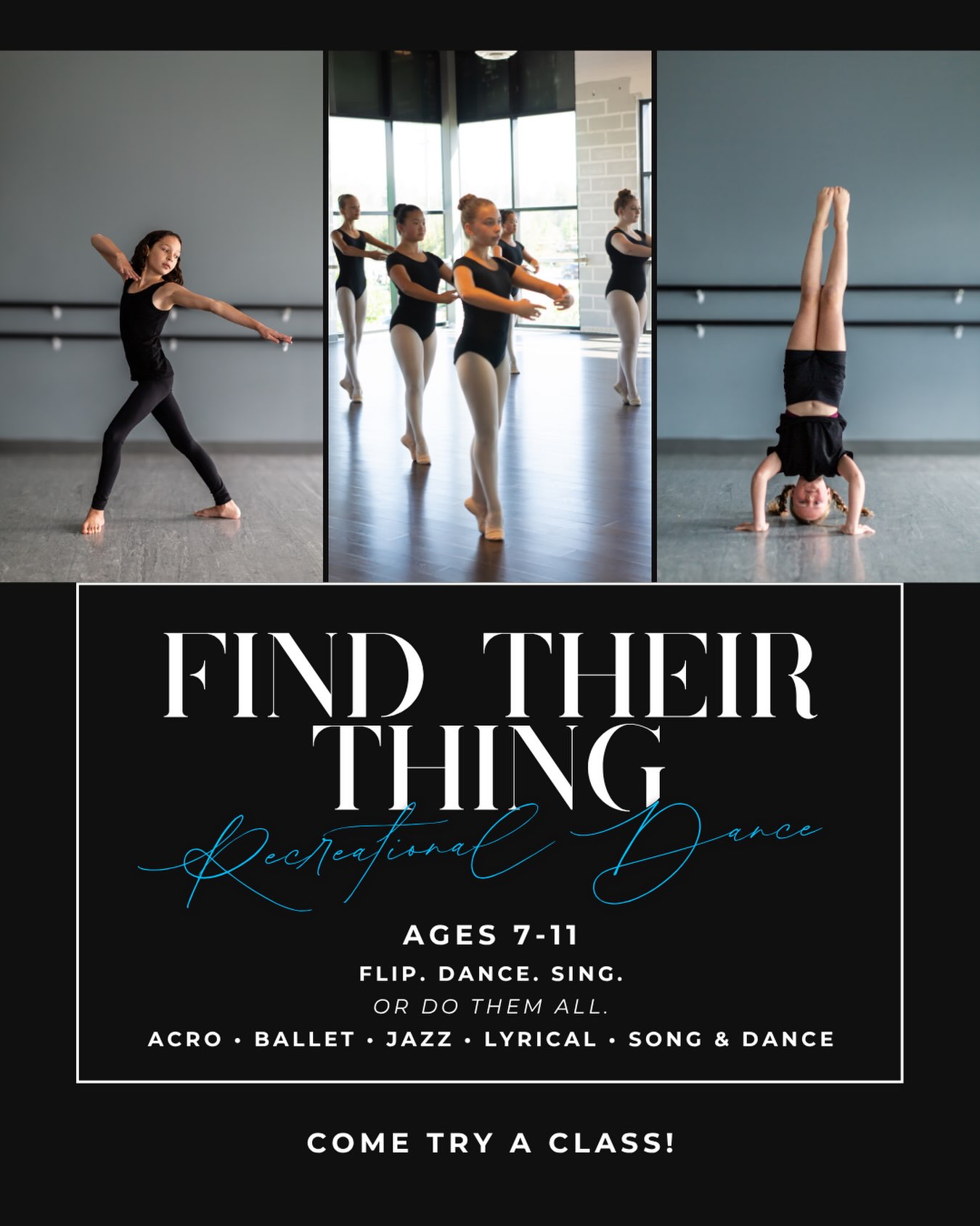 Maybe ballet is their thing. 🩰
Maybe it’s flipping upside down, hitting a jazz combo, or singing their heart out.
This is the perfect age to explore what they love-and our Recreational Program gives dancers the chance to do exactly that. ✨
Current class options include:
🩰 Ballet Ages 9+ | Thursdays 5:00–6:00
🤸 Acro Ages 7–11 | Thursdays 6:00–7:00
✨ Lyrical & Jazz Ages 7–10 | Fridays 5:45–6:45
🎭 Song & Dance Ages 7–10 | Fridays 6:45–7:45
Whether they’re brand new to dance, ready to try a new style, or just looking for a place to move, learn and have fun-there’s room for them at Thrive.
✨ Come try a class and find their thing.
📧Email us to book your free trial!
thrivedancestudio@gmail.com