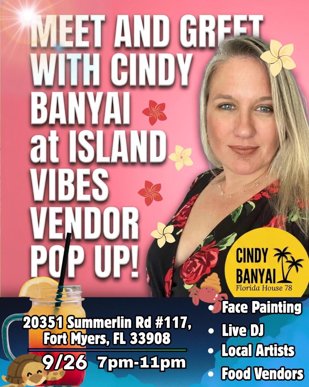 TONIGHT! Come and meet me and have some fun! Free face painting for the glow vibe. Great music and vendor pop-up. Let’s support small businesses and connect ❤️ Pick up your Cindy Banyai yard signs too! #fortmyers #election2026 #hd78 #noshit #endcorruption