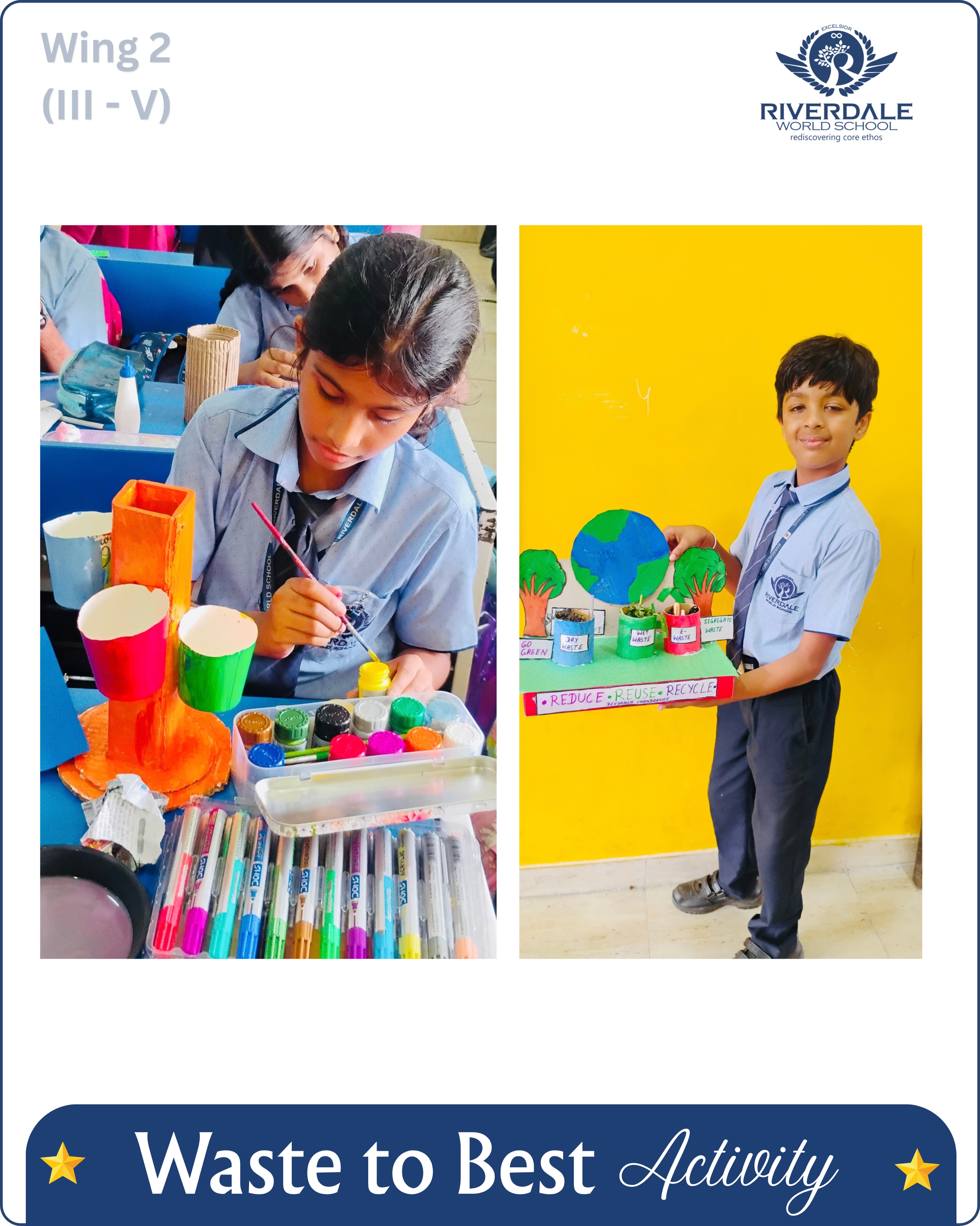 From Waste to Wonderful!
At Riverdale World School, Mahasamund, our young innovators of Wing 2 | Grades III–V turned creativity into action through a Waste to Best activity. 🌱✨
By transforming waste materials into useful and creative creations, students discovered the joy of reusing, recycling, and thinking sustainably—proving that with imagination, nothing is truly waste! 💚
#WasteToBest #CreativeLearning #ReduceReuseRecycle #YoungInnovators #RWSMahasamund
