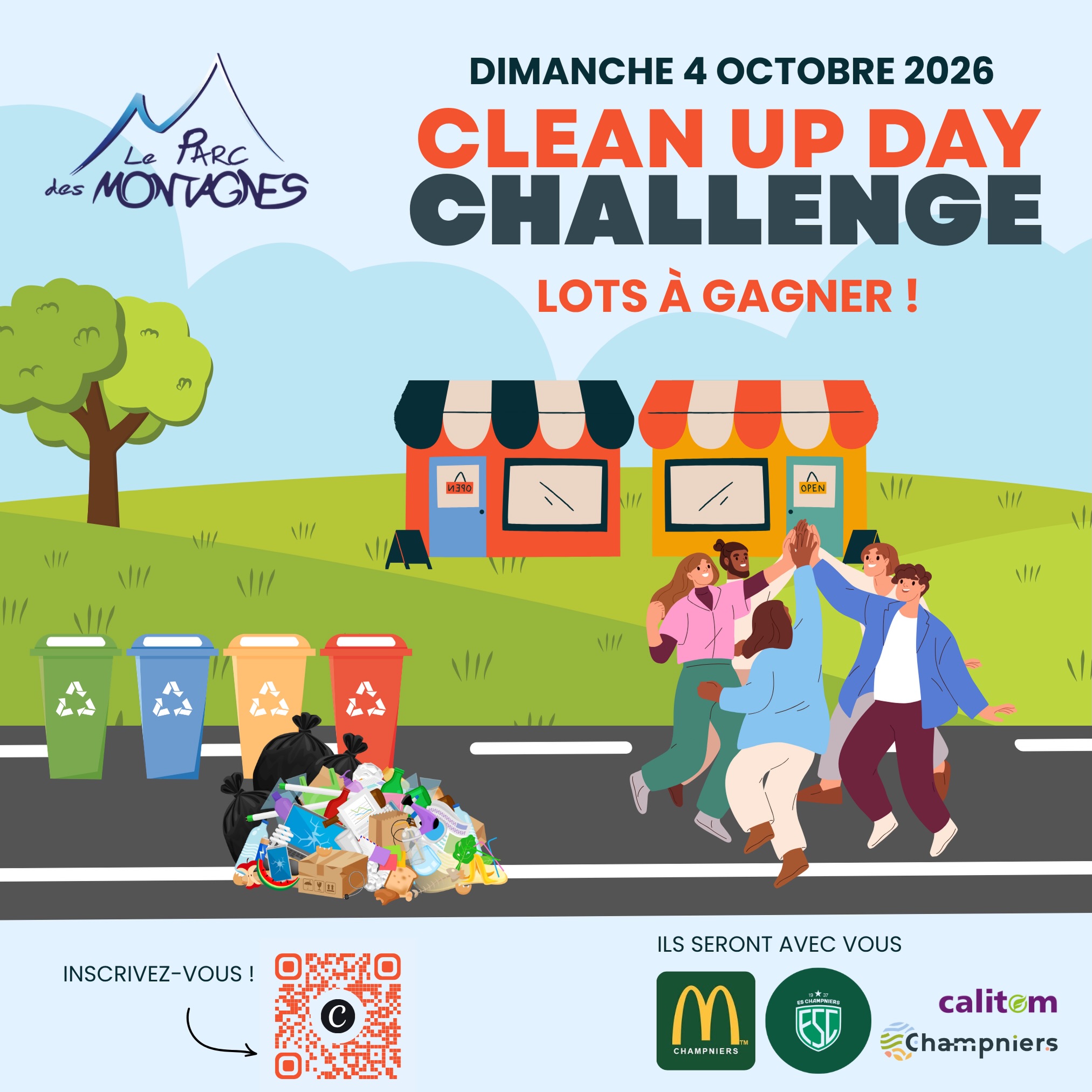 ♻️ CLEAN UP DAY CHALLENGE – DES LOTS À GAGNER ET L’ES CHAMPNIERS DE LA PARTIE ! ⚽🎁
Le dimanche 4 octobre, l’ADAN et McDonald’s Champniers vous donnent rendez-vous pour une matinée conviviale et utile au Parc des Montagnes 🌱
🎁 De nombreux lots seront à gagner, offerts par les enseignes du Parc :
Times Square, H&H, Jardiland, Eat Salad, Croc Blanc, Pokawa, Tastet, Bébé 9, Institut La Fleur d’Oranger, Autour du Feu… et d’autres encore ! 😍
⚽ L’ES Champniers sera également de la partie avec sa propre équipe pour relever le challenge à nos côtés !
🕘 Rendez-vous à 9h au McDonald’s Champniers
♻️ Ramassage de 9h30 à 11h30
Venez seul, en famille, entre amis ou avec vos collègues ! 🎁
Inscription recommandée : lien en bio
On compte sur vous le 4 octobre !
Avec le soutien de la Ville de Champniers et de Calitom 💚
