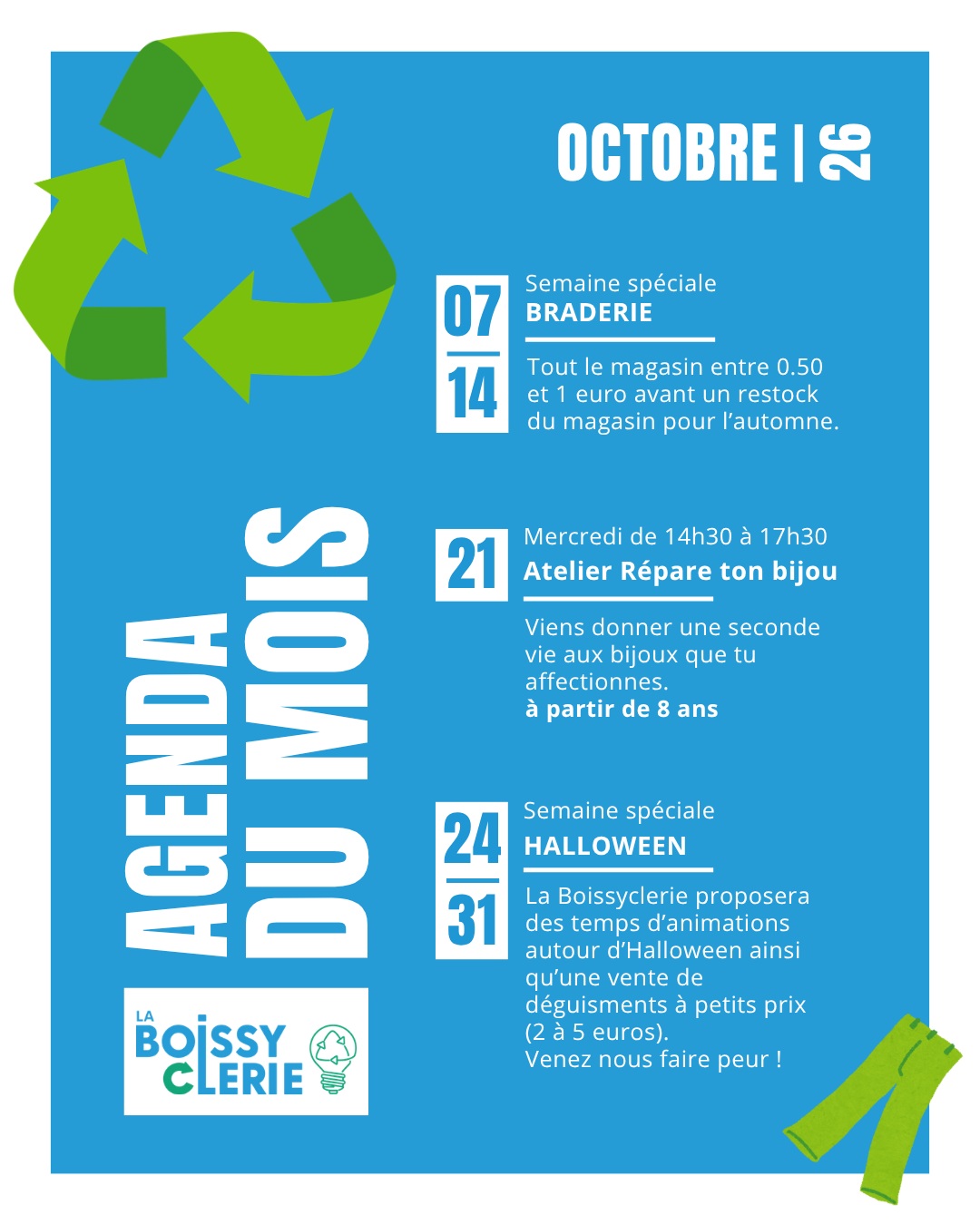 Retrouvez notre programmation pour le mois d'octobre dès à présent 🐬
En début de mois, une grande braderie vous attend ! et fin octobre, nous fêterons comme il se doit Halloween.
On vous espère nombreux à nous rejoindre 🚴🥁🍀