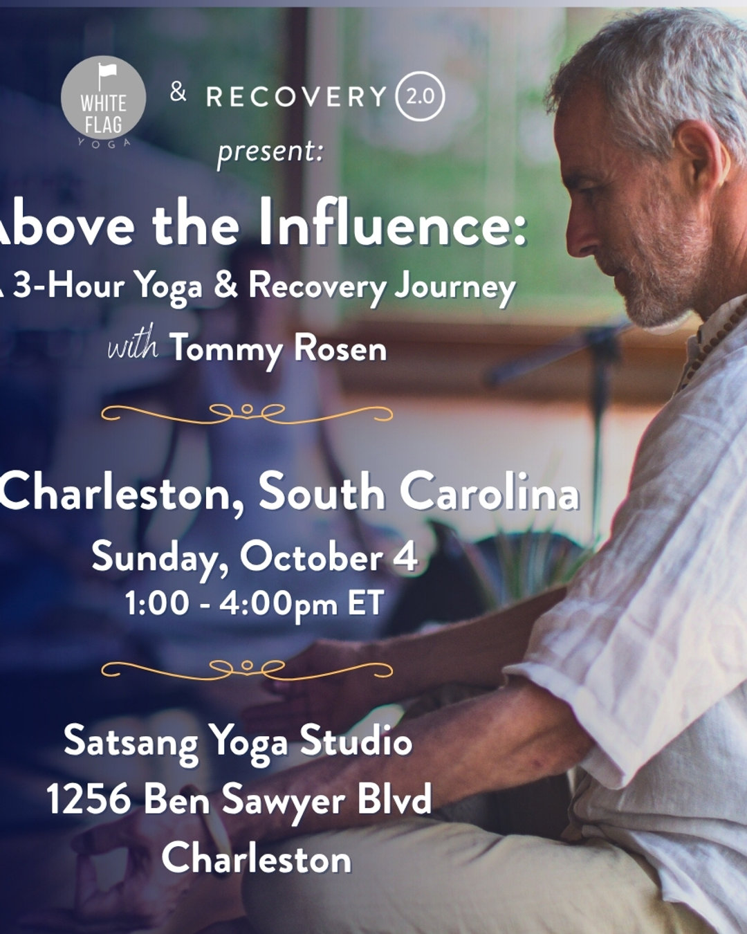 One Week from today!
Register Now!
Tommy Rosen live at @satsangyogacharleston !
Do not miss this rare opportunity to practice and be in commUNITY with @tommyrosen 🕉️
@recovery2point0 Tommy Rosen event October 4!
1-4 pm
Link-tree for all details and to REGISTER .