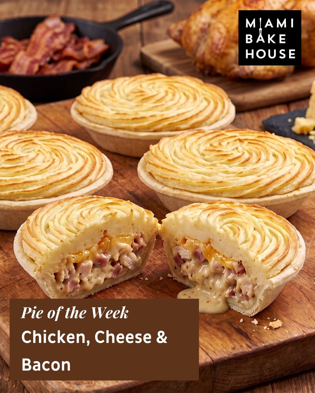 This week's pie of the week isn't inspired by a faraway coastline or a famous old kitchen. It's inspired by the trio Aussies simply can't go past: chicken, cheese and bacon.
Our Chicken Cheese & Bacon Pie is creamy, smoky and bursting with flavour!
Made with tender diced chicken breast and smoky bacon browned with sliced onion, garlic and a hint of fresh ginger, then simmered in a rich, cheesy sauce with a splash of white wine, a drizzle of honey and fresh parsley, with plenty of melted cheese folded through. All crowned with a golden mashed potato top on our signature flaky pastry base.
Hurry down to your local Miami Bakehouse before Monday the 5th of October to get your hands on the Chicken Cheese & Bacon Pie today.
https://www.miamibakehouse.com.au/pies
#Pieoftheweek #Miamibakehouse #Awardwinningbakery #Awardwinningpies #Bakingthingsbetter #Handmadepastry #Chickencheesebaconpie