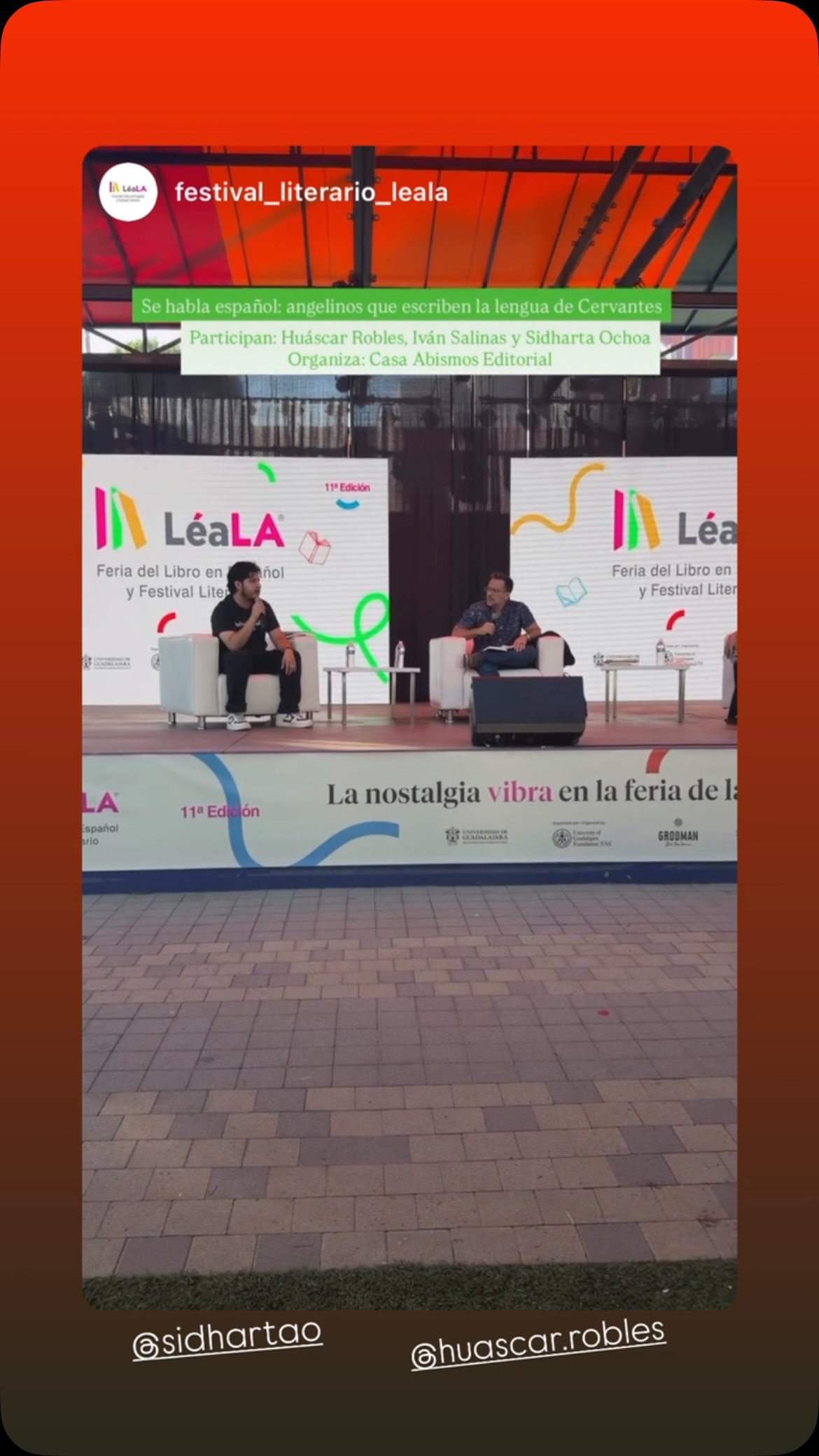 Una conversación entre Iván Salinas (@el_ivanooo), @sidhartao editora de Abismos y Huáscar Robles autor de la novela Demonios en el @festival_literario_leala titulada: Se habla español, angelinos que hablan la lengua de Cervantes.
¡La disfrutamos mucho!