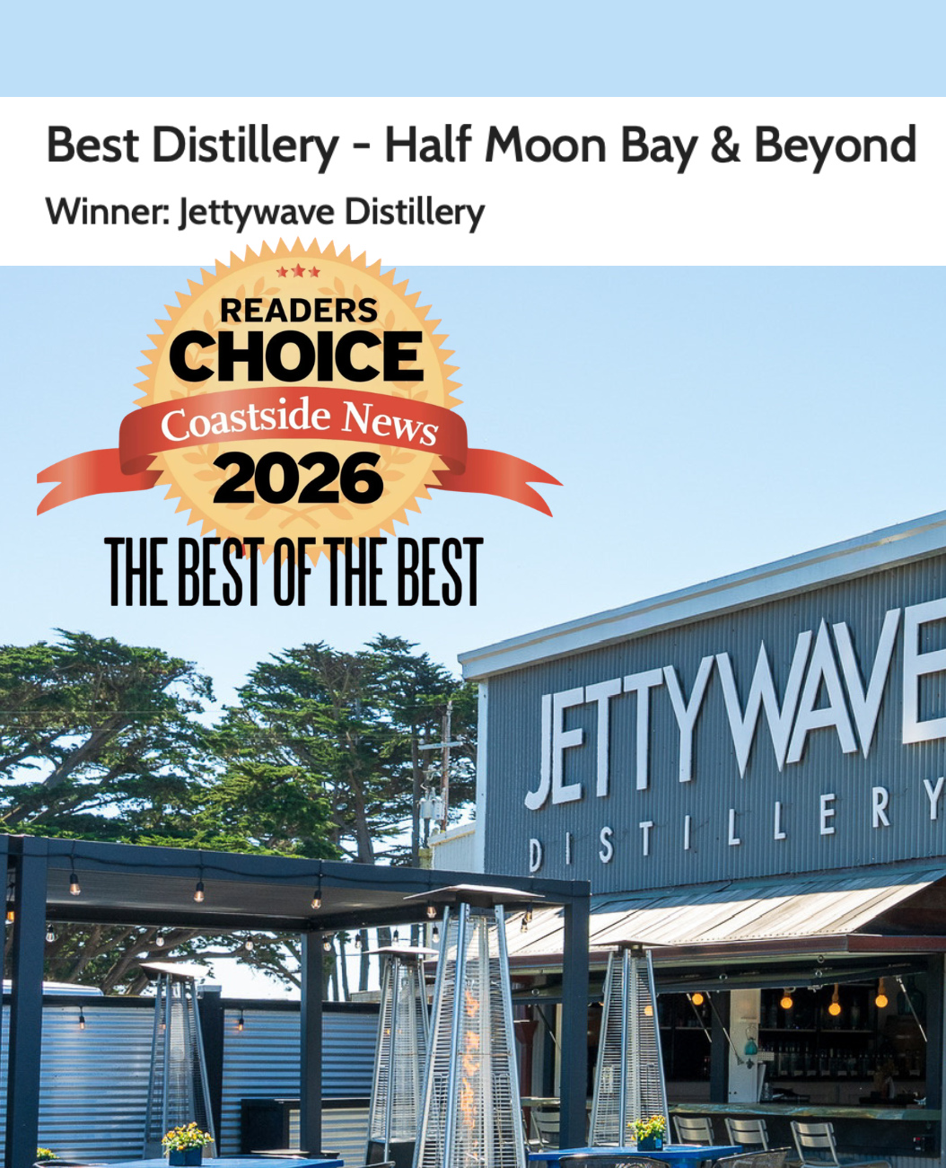 We're thrilled to be recognized by the Coastside News Readers as the best Distillery in Half Moon Bay & Beyond!
In addition to pouring cocktails and tasting flights at Jettywave today, we'll also be pouring drinks at the CEF Cornhole Tournament! Come by and say hi!
Cheers🍸️