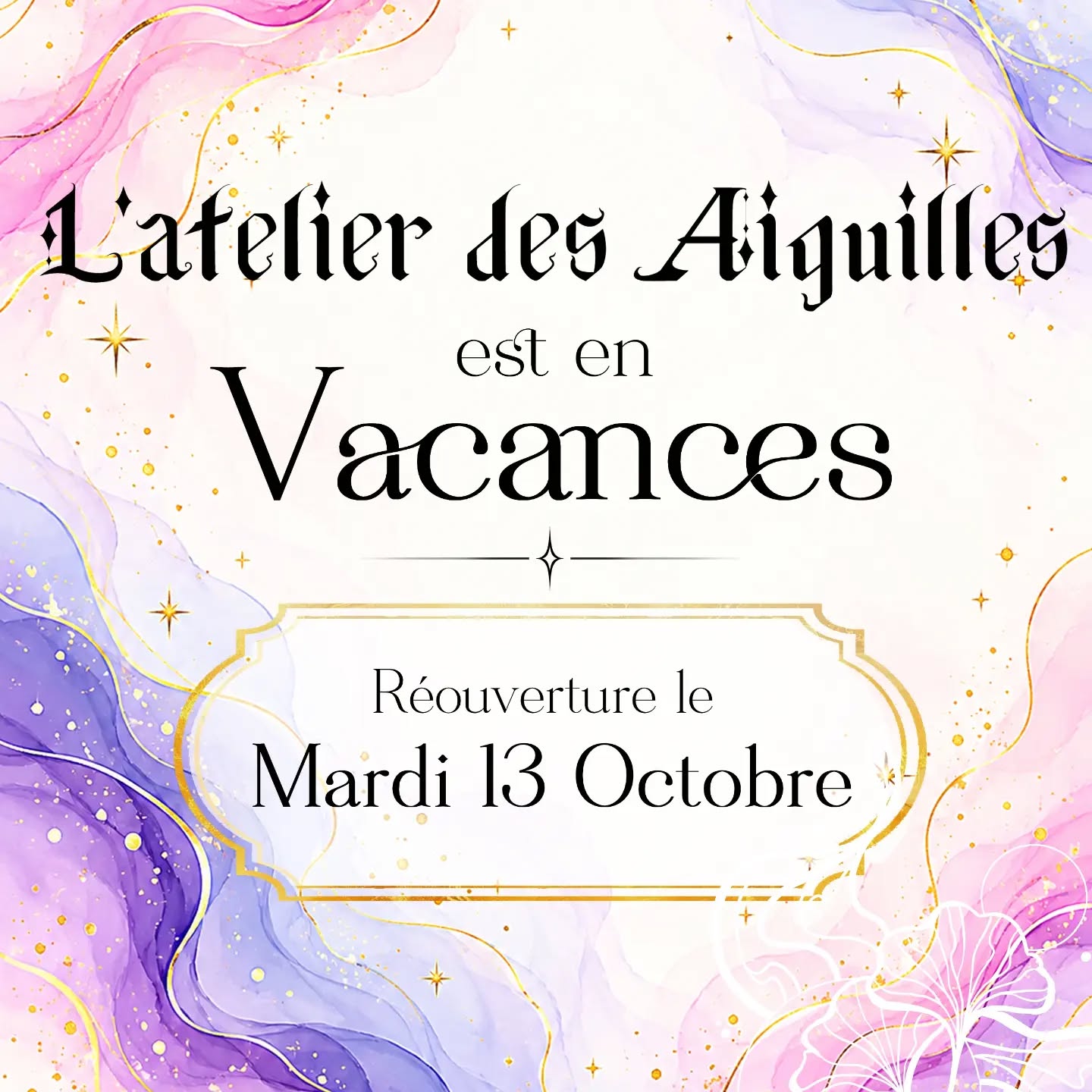 Je prends deux semaines de pause. Je vous retrouverai le mardi 13 octobre. Je reste disponible au besoin pour des urgences, pour le reste je vais profiter d'être loin du studio pour reposer mes mains.
À bientôt 🖤