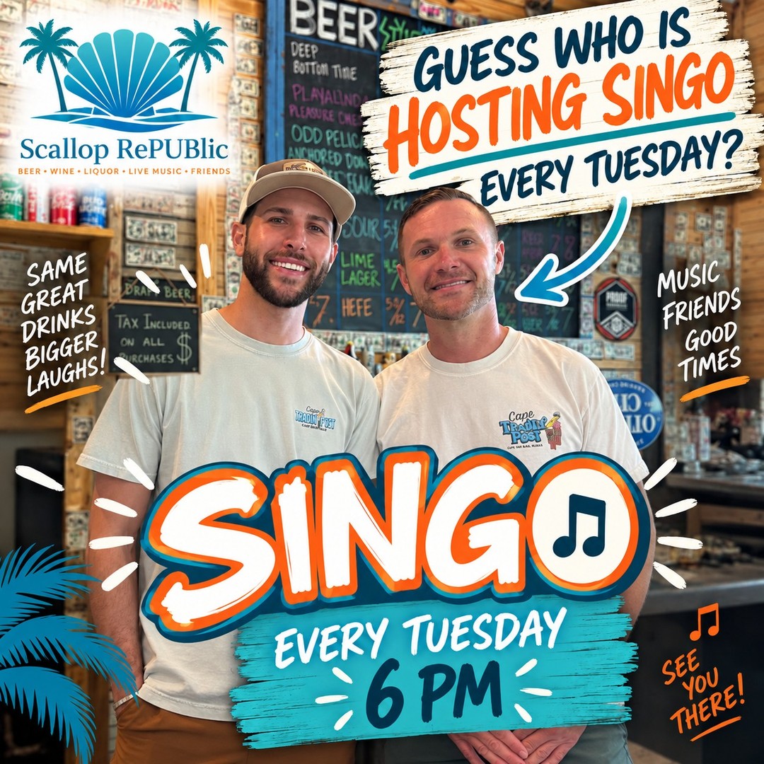 Well… apparently we decided Tuesdays needed a little more chaos.
SINGO is every Tuesday at 6 PM and yep, these two are hosting. So come for the music, stay for the questionable confidence, competitive guessing, and whatever happens once the drinks start flowing.
See y’all Tuesday at Scallop RePUBlic.