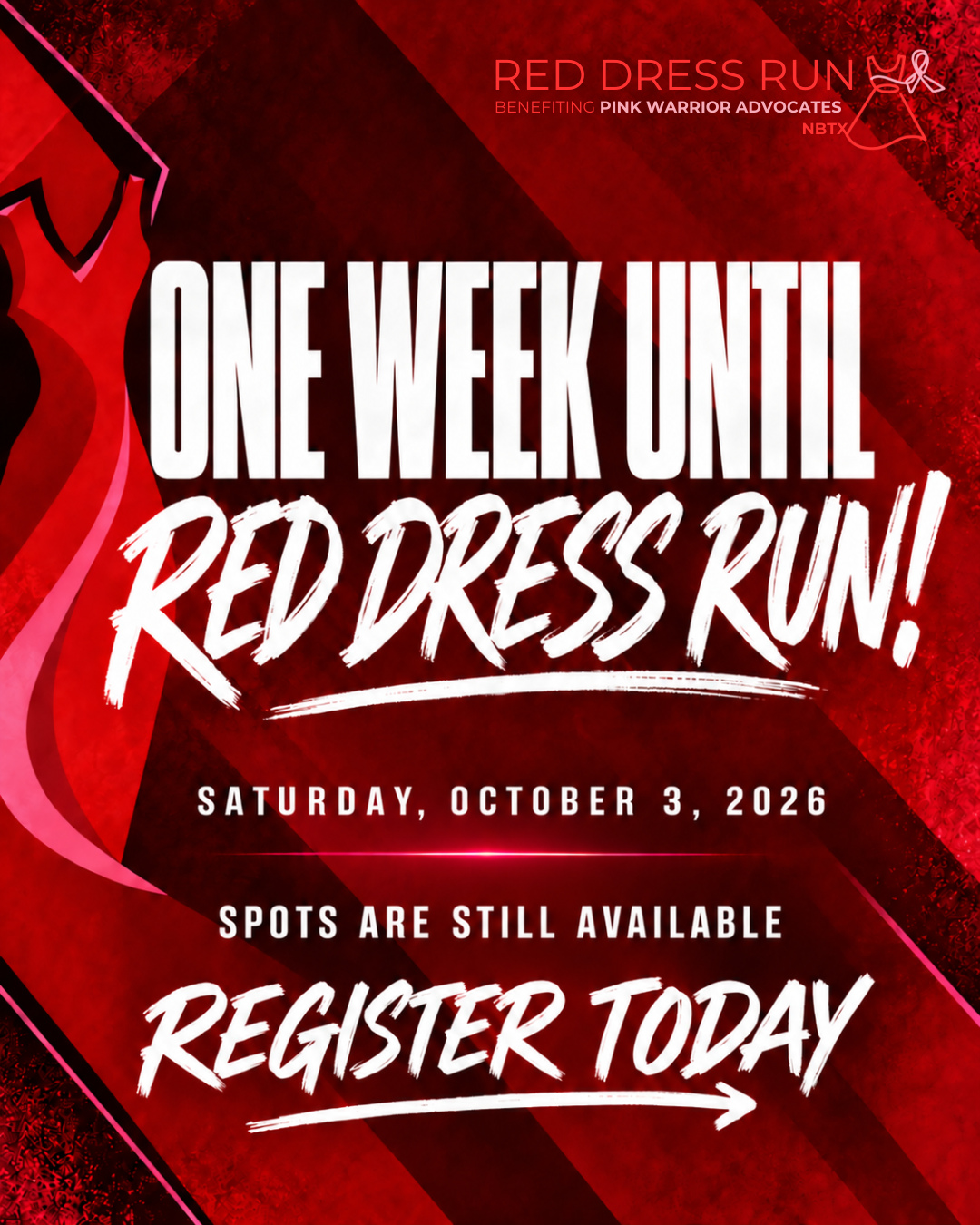 🚨 ONE WEEK TO GO! 🚨
The 5th Annual New Braunfels Red Dress Run is almost here, and spots are still available! ❤️👗
Join us Saturday, October 3, for an unforgettable bar crawl fundraiser through downtown New Braunfels. Grab your friends and your best red dress, or wear pink if you have ever received a breast cancer diagnosis!
Don’t wait! Register now before spots are gone:
🔗 https://www.pinkwarrioradvocates.org/red-dress-run-2026
Let’s paint downtown New Braunfels red and kick off Flocktober together! 🦩🎉
#NBRedDressRun #NBTX #BreastCancerAwarenessMonth #Flocktober #FlockBreastCancer