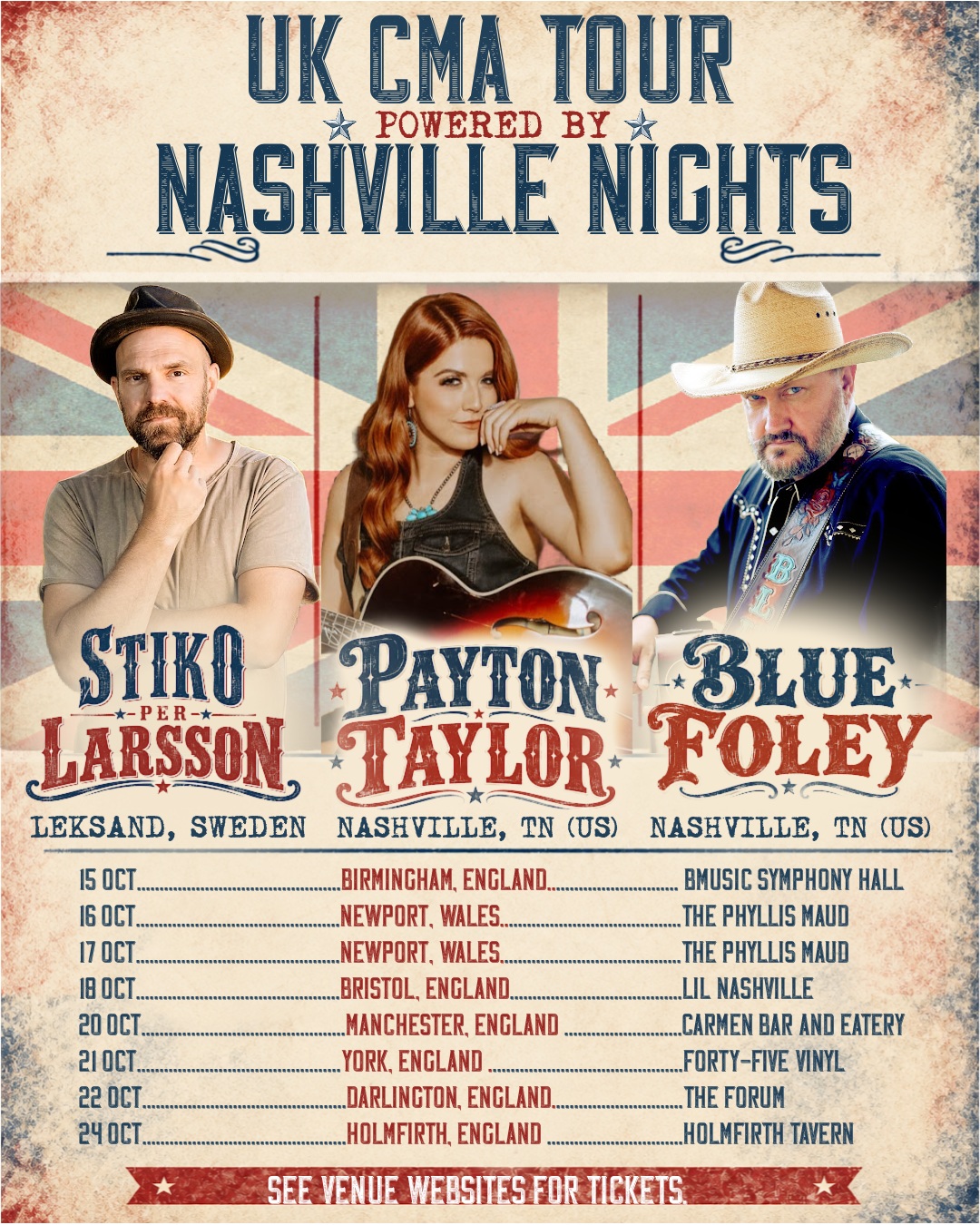 UK 🇬🇧 I couldn't stay away for long 🤍
Next month, I will be joining the UK CMA TOUR – Powered by Nashville Nights with @stikoperlarsson and @bluefoley.
🇬🇧 UK CMA Tour - Nashville Nights
15 OCT · BIRMINGHAM, ENGLAND · @bmusic_ltd
16 OCT · NEWPORT, WALES · @thephyllismaud Night 1
17 OCT · NEWPORT, WALES · @thephyllismaud Night 2
18 OCT · BRISTOL, ENGLAND · @lilnashvillebristol
20 OCT · MANCHESTER, ENGLAND · @carmen_bar_eatery
21 OCT · YORK, ENGLAND · @fortyfiveuk
22 OCT · DARLINGTON, ENGLAND · @theforumdarlington
24 OCT · HOLMFIRTH, ENGLAND · @holmfirth_tavern
🎟️ Tickets are available through the individual venues.
@bluefoley @paytontaylormusic @nashvillenights.us @ukcountrymusicassociation
#UKCMATour #NashvilleNights #Americana #UK #Country #Americana #Singer #Songwriter #Nashville