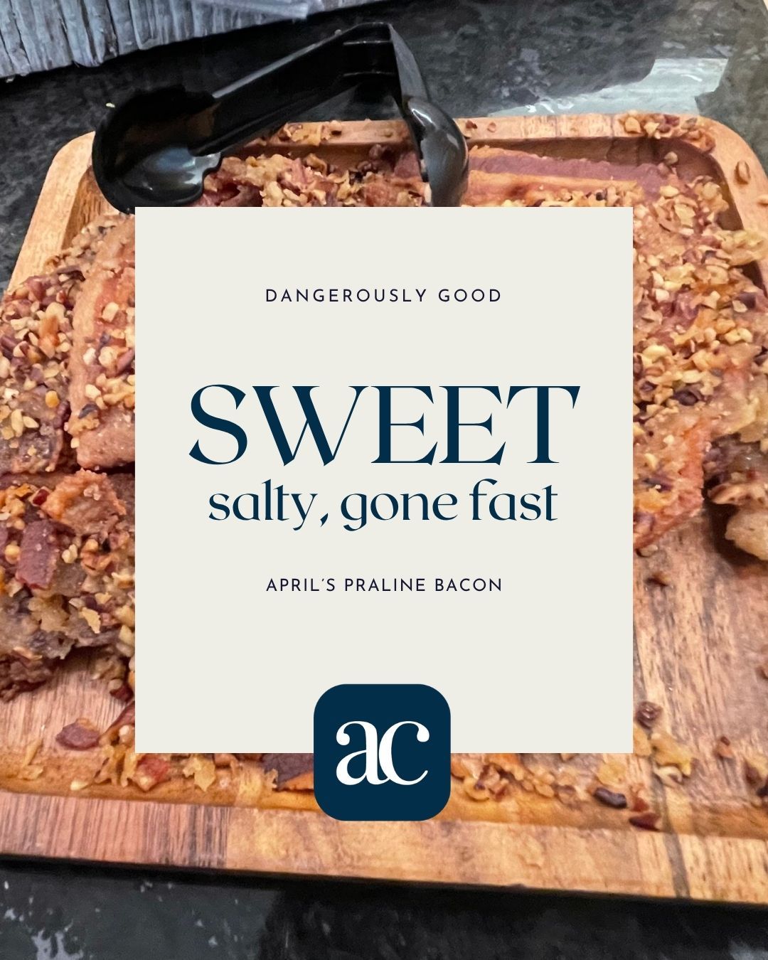 April's Praline Bacon 🥓
Fair warning: this one is dangerous. Make it once and you'll be asked to bring it everywhere forever. Ask me how I know. I've been required to bring this to the Three Sixty Thanksgiving potluck every single year. No complaints though, because honestly, same.
Brown sugar. Pecans. Bacon. That's it. And somehow the result is completely over the top in the best possible way. Perfect for brunch, tailgates, holiday mornings, or honestly any occasion that deserves something a little extra.
April's Praline Bacon
1 lb. bacon (Kroger smoked, regular cut)
Brown sugar
Finely diced pecans
Slice bacon in half and lay pieces on a foil-lined baking sheet. Bake at 400° for 10-12 minutes until almost done but not quite. Remove from oven and do not drain. Sprinkle brown sugar generously over hot bacon until well coated, then sprinkle diced pecans over all. Return to oven for 3-5 minutes until brown sugar has caramelized. Remove and let cool.
Try not to eat it all before it hits the table. 😉
#pralinebacon #brunchrecipe #southerncooking #baconrecipe #auburnalabama
