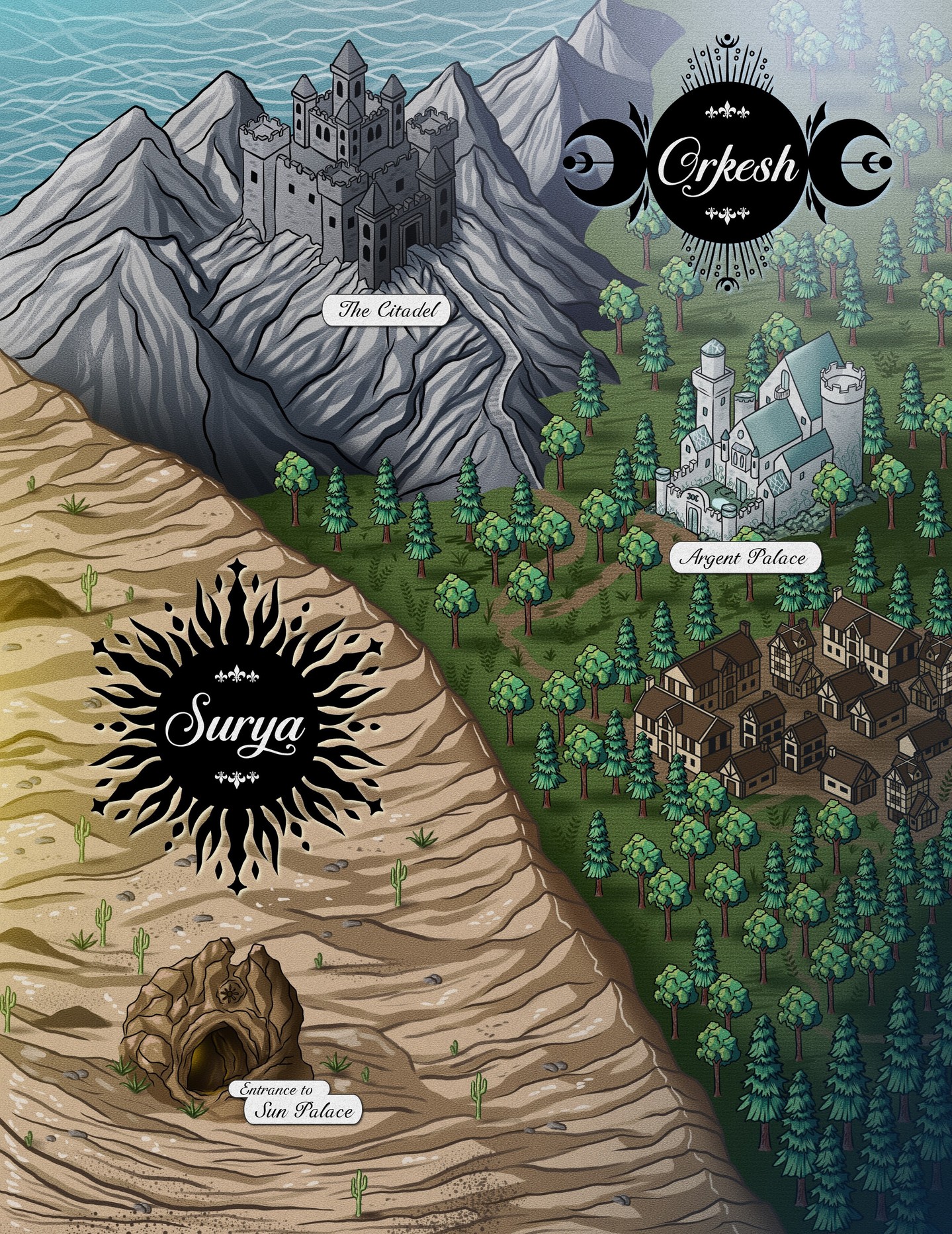 🌙SILVERBLOOD MAP REVEAL! 🌙
I'm so excited to reveal the map for Silverblood! Orkesh and Surya are two neighbouring kingdoms. You can see 3 of the key locations in the book: The Argent palace where Len lives, The Citadel, where Kat is from, and the Sun Palace where Henry resides.
I can't wait for you to immerse yourselves in the world.
Everyone who purchases a signed print copy, either in hardcover or paperback, will receive a coloured version of the map. The black and white features inside the book.
Preorder Silverblood here: https://www.llhunterbooks.com/the-silverblood-saga