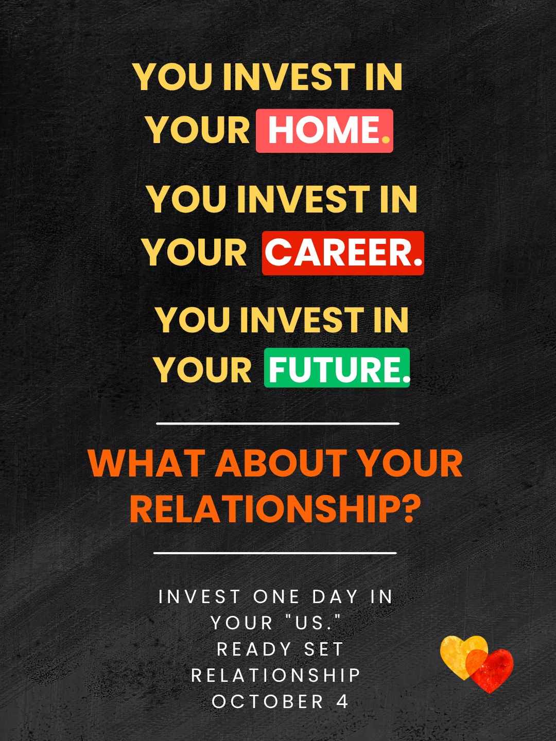 You invest in your home.
You invest in your career.
You invest in your future.
When was the last time you intentionally invested in your relationship?
On October 4, we're asking couples to give themselves one day.
One day to step away from the laundry, emails, errands, obligations, and everything else competing for your attention and focus on the life you're building together.
Because your relationship is part of your future, too. ❤️
Join us on October 4 by going to the link in our bio.
#RelationshipGoals #HealthyMarriage #CouplesWorkshop