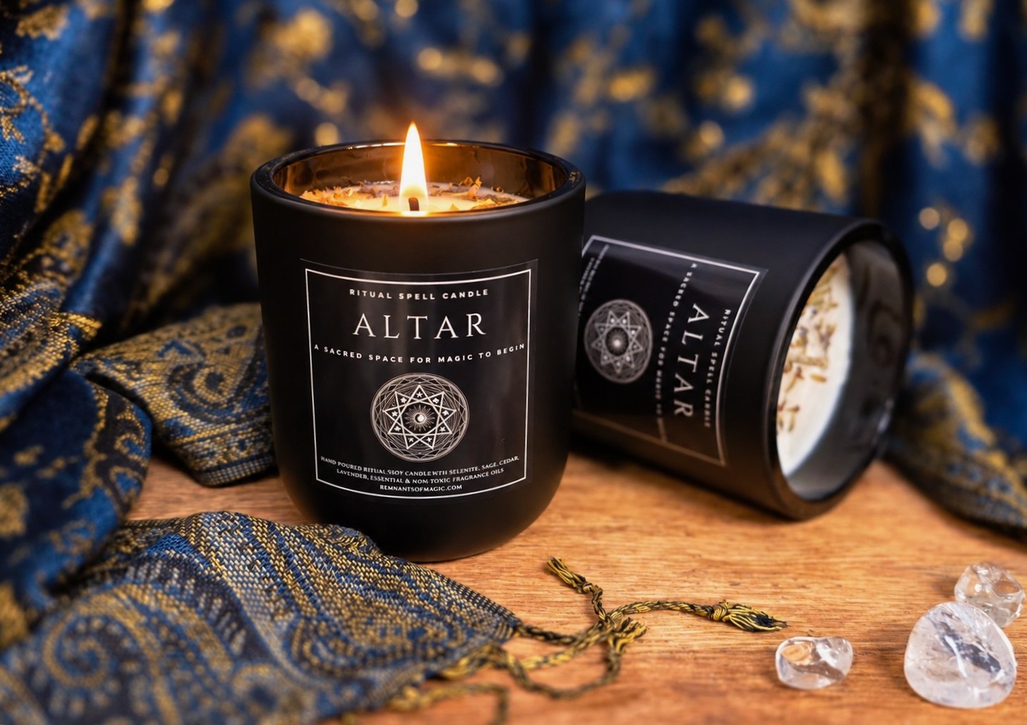 The third candle in our seven-candle Ritual Spell Candle Collection, Altar was created to transform the space around you into a place of intention, peace, and magic.
An altar is more than a place—it is a sacred space you create for yourself. A place for the crystals, spiritual tools, meaningful objects, and energies that bring you peace, inspire your spirit, and connect you to your practice. Altar Ritual Spell Candle was created to become part of that sacred space and a magical tool within it.
Light Altar as you prepare for ritual, spell work, manifestation, divination, meditation, or simply whenever you wish to create a peaceful sanctuary away from the outside world. As its flame begins to glow, allow it to mark the opening of your sacred space and the beginning of your magic.
Its mysterious, atmospheric fragrance weaves together exotic woods, subtle spices, soft incense, and earthy undertones, creating a warm and grounding aroma reminiscent of an ancient sanctuary filled with incense, sacred objects, and quiet magic.
Each candle is infused with Selenite, traditionally associated with cleansing, purification, and clarity, along with sage, cedar, and lavender—a carefully chosen ritual blend associated with cleansing, protection, peace, and sacred practice. Hand-poured with natural soy wax and non-toxic fragrance oils, Altar is presented in a striking 14 oz black vessel with a matching black lid, giving it an elegant presence worthy of becoming part of your altar itself.
More than a candle, Altar is an invitation to create a space that is sacred, protected, and entirely your own—a place where the outside world fades, your intention takes focus, and your magic can begin.
#AltarCandle #RitualMagic #SacredSpace #CandleMagic #remnantsofmagic #SpiritualPractice #Meditation #Divination #PeacefulSanctuary #IntentionSetting #CleansingEnergy #Selenite #NaturalSoyWax #HandPouredCandles #Aromatherapy #EarthyFragrance #MagicalTools #SpiritualTools #CreateYourOwnMagic #ElegantDecor