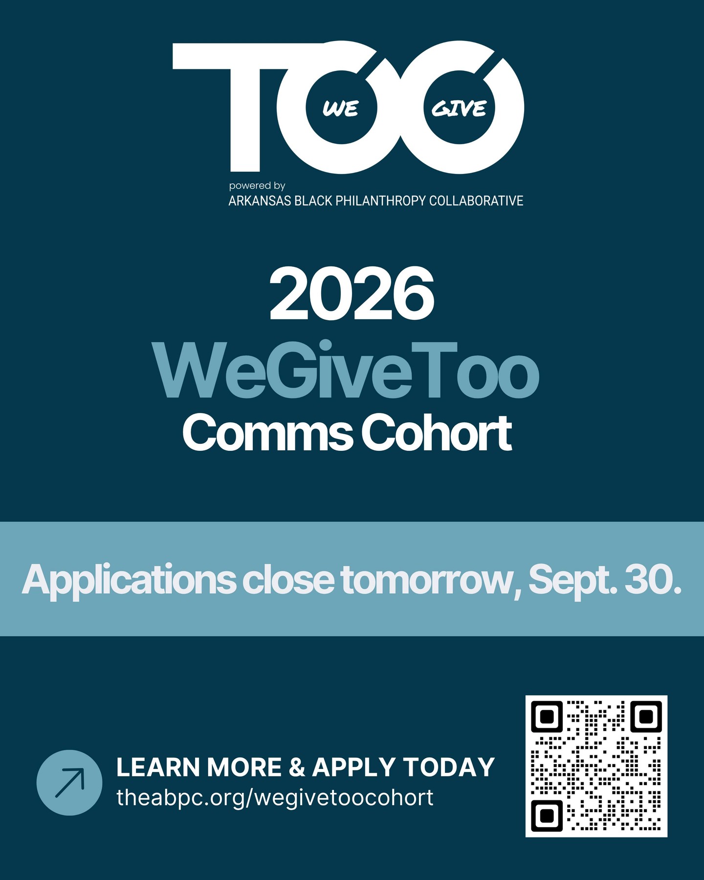 Applications are open through tomorrow, September 30, for the 2026 WeGiveToo Comms Cohort!
Designed to help Black-led, Black-serving, and Black-focused organizations across Arkansas, this cohort will help participants strengthen their communications through messaging and storytelling, digital marketing strategies, and hands-on learning and capacity building.
Learn more & apply: link in bio.
#ABPC