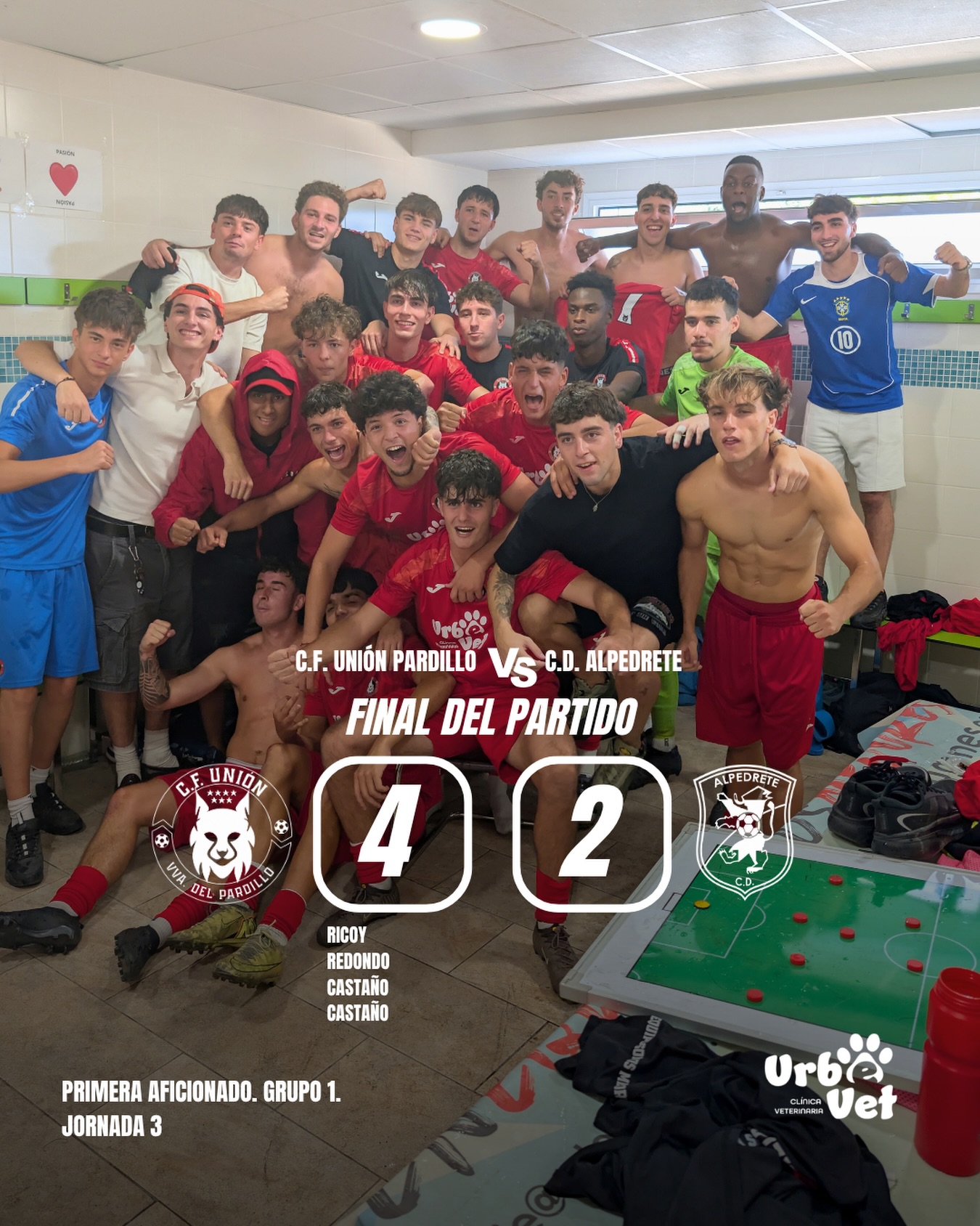 FINAL 🔴⚫️ • 1ªAficionado. Grupo 1. Jornada 3.
CF Unión Pardillo 4️⃣-2️⃣ @c.d.alpedrete
⚽️Ricoy
⚽️Redondo
⚽️⚽️ Castaño
🌟Fantástica remontada del equipo que vuelve a sumar de tres en casa.
¡Somos Unión!
¡Somos Villanueva del Pardillo!