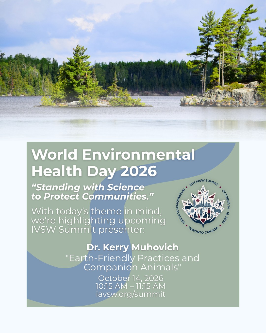 Happy #WorldEnvironmentalHealthDay! 🌍
Today’s global theme, Standing with Science to Protect Communities, reminds us that environmental health, human well-being, and animal care are deeply interconnected.
In honour of today, we’re highlighting an upcoming session at the 9th IVSW Summit featuring Dr. Kerry Muhovich: "Earth-Friendly Practices and Companion Animals"!
Just like humans, our companion animals leave an environmental footprint. In this session, Dr. Muhovich will explore:
• The ways companion animals impact our shared environment
• Practical, science-backed strategies to reduce "carbon paw prints"
• Opportunities to build community through eco-friendly practices and collective action
Join us in Toronto this October as we gather under our theme, Interwoven Futures, to explore compassionate, sustainable practice. Explore the full program and register through the link in our bio!
#IVSW2026 #VeterinarySocialWork #InterwovenFutures #EnvironmentalHealth