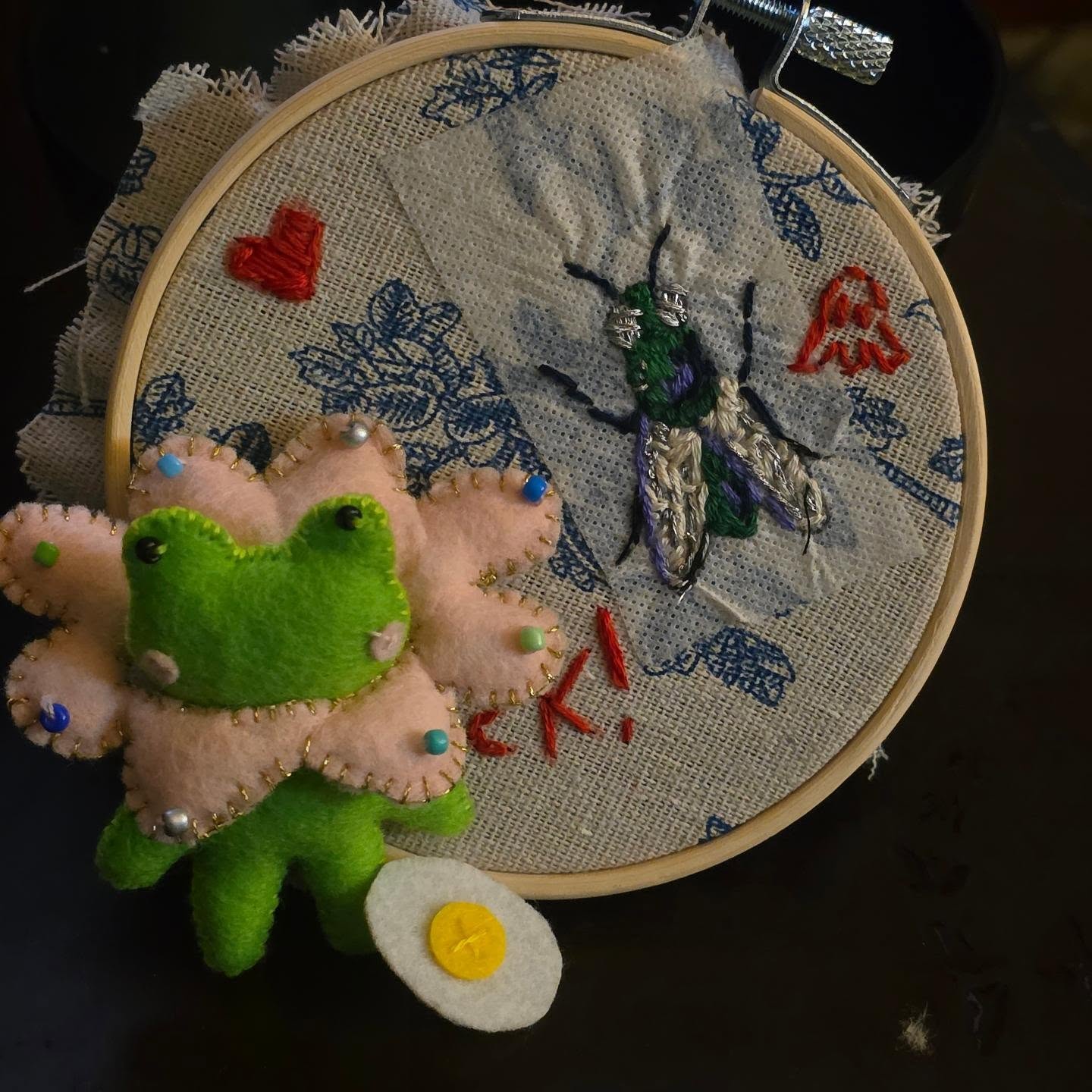 A friendship with the most dramatic backstory! It will forever be a laugh that we share having the worst person ever as an Ex. But backstory aside, thanks @yesshecancer for always having the best hangout ideas. Thank you for also threading the needle for me several times. 🤣 She gave me this frog with an Egg so I embroidered a fly. If I were in a Chinese drama they would definitely expel me from the palace. I can't get over how cute this frog is. 😭 I shall name him Murakami because I want a Ryo Murakami book that Is impossible to find in English. Mura for short. 🥲 Also wore the shirt I designed!