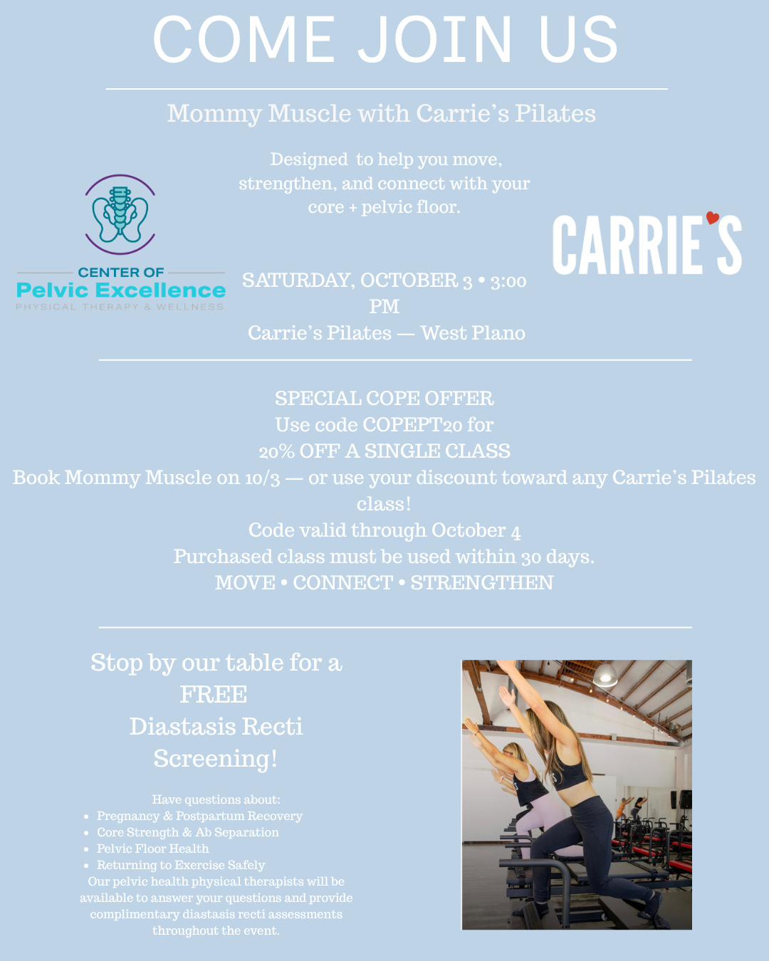 We’re heading back to Carrie’s Pilates! 💜
Join us Saturday, October 3 at 3:00 PM at Carrie’s Pilates — West Plano for an afternoon focused on movement, connection, and pelvic health.
We’re excited to connect with the community, answer your pelvic health questions, and share more about how pelvic floor physical therapy can support you through every season. ✨
📍 Carrie’s Pilates — West Plano
📅 Saturday, October 3
⏰ 3:00 PM
Tag a friend you want to bring with you! 💕