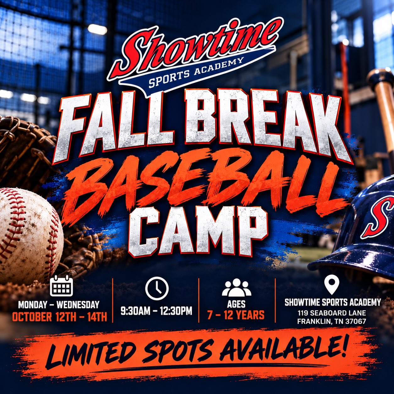 Staying in town during fall break? Need to get your ball players out of the house? Need your ball players to sharpen their skills at the same time? Then this camp is for you! Go to our website www.showtimesportsacademy.com and Register today… Campers will work on the fundamentals of hitting, fielding, and pitching, along with position-specific drills designed to build proper technique and develop good habits. Our professional coaching staff will provide hands-on instruction in a fun, competitive environment focused on helping every camper become a more confident and complete baseball player.
