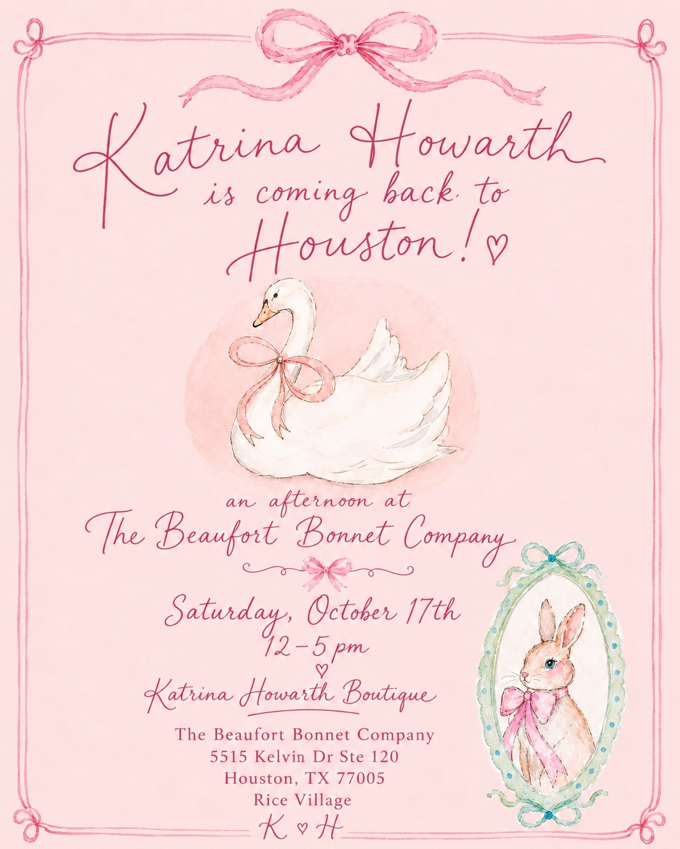 I’m absolutely thrilled to be returning to Houston! 🎀
I’m so delighted to be spending another afternoon at The Beaufort Bonnet Company in Rice Village on Saturday, October 17th. 💕
I’ll be bringing a little piece of the boutique with me, along with some lovely new additions that I can’t wait to share. There may even be something rather sweet for the little boys this time… 🩵🐰
I’m keeping a few surprises tucked away for now, but I’m so looking forward to another beautiful afternoon in Houston.
Saturday, October 17th · 12–5pm
The Beaufort Bonnet Company · Rice Village
#KatrinaHowarthBoutique #TheBeaufortBonnetCompany #RiceVillage #HoustonBoutique #BoutiqueBunny