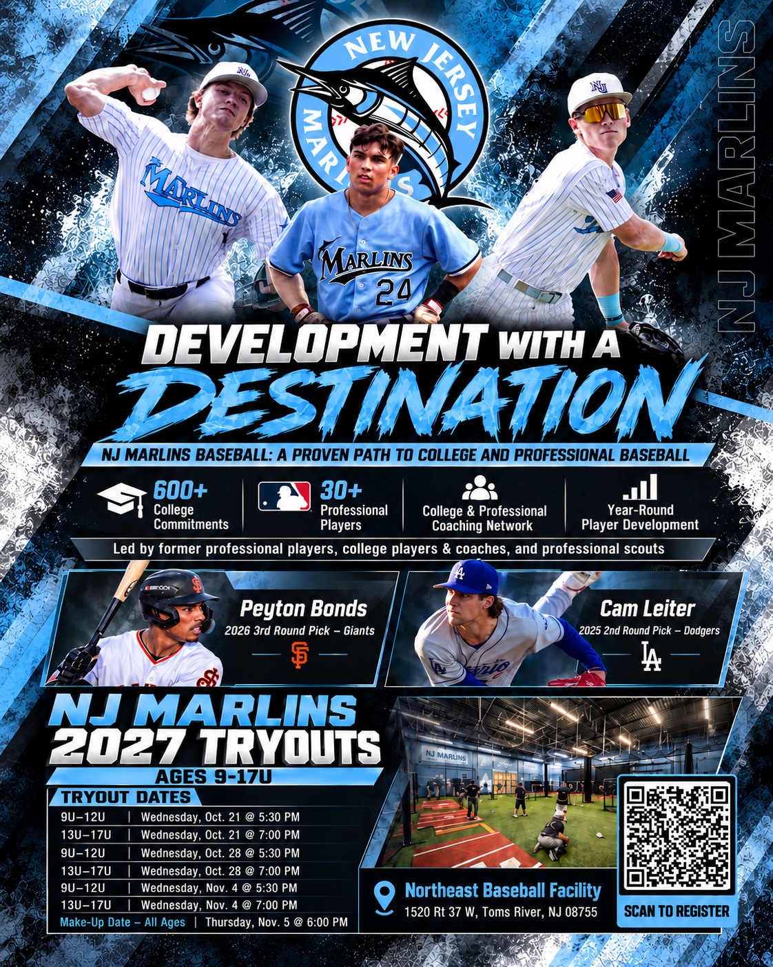 NJ MARLINS 2027 TRYOUTS
Development with a destination! 🎯⚾️
We’re not building teams for short-term success. We’re developing players with a long-term plan and a pathway that extends well beyond youth baseball.
✅ 55 recent college commitments and counting over our last 3 grad classes
✅ 600+ college commitments overall
✅ 30+ professional players
✅ College & professional coaching/scouting network
✅ Year-round player development
From youth baseball to college baseball and beyond, the goal is to prepare players for what comes next. Don’t just invest in the next weekend, invest in the player they’re becoming after 46/60 & 50/70 baseball ends!
NJ Marlins 2027 Tryouts | Ages 9U–17U
📍 Northeast Baseball Facility — Toms River, NJ
📅 October 21 • October 28 • November 4
⬇️ Scan the code on the post or use the link below to register!
https://docs.google.com/forms/d/e/1FAIpQLScSch8CZiqWz9t_8O76ONxxly7N56rqGj0QwHtnmxz6hN_yiw/viewform
Prepare for your future today!
#njbaseball #travelbaseball #baseballtraining #youthbaseball #highschoolbaseball
This is what the pathway looks like 🛣️
55 recent college commitments
600+ college commitments overall
30+ professional players
Our players have moved on to compete at the Divison I, Division II, Division III, JUCO and professional levels because development here is built with the next step in mind 🧠
The work has a destination 📍
