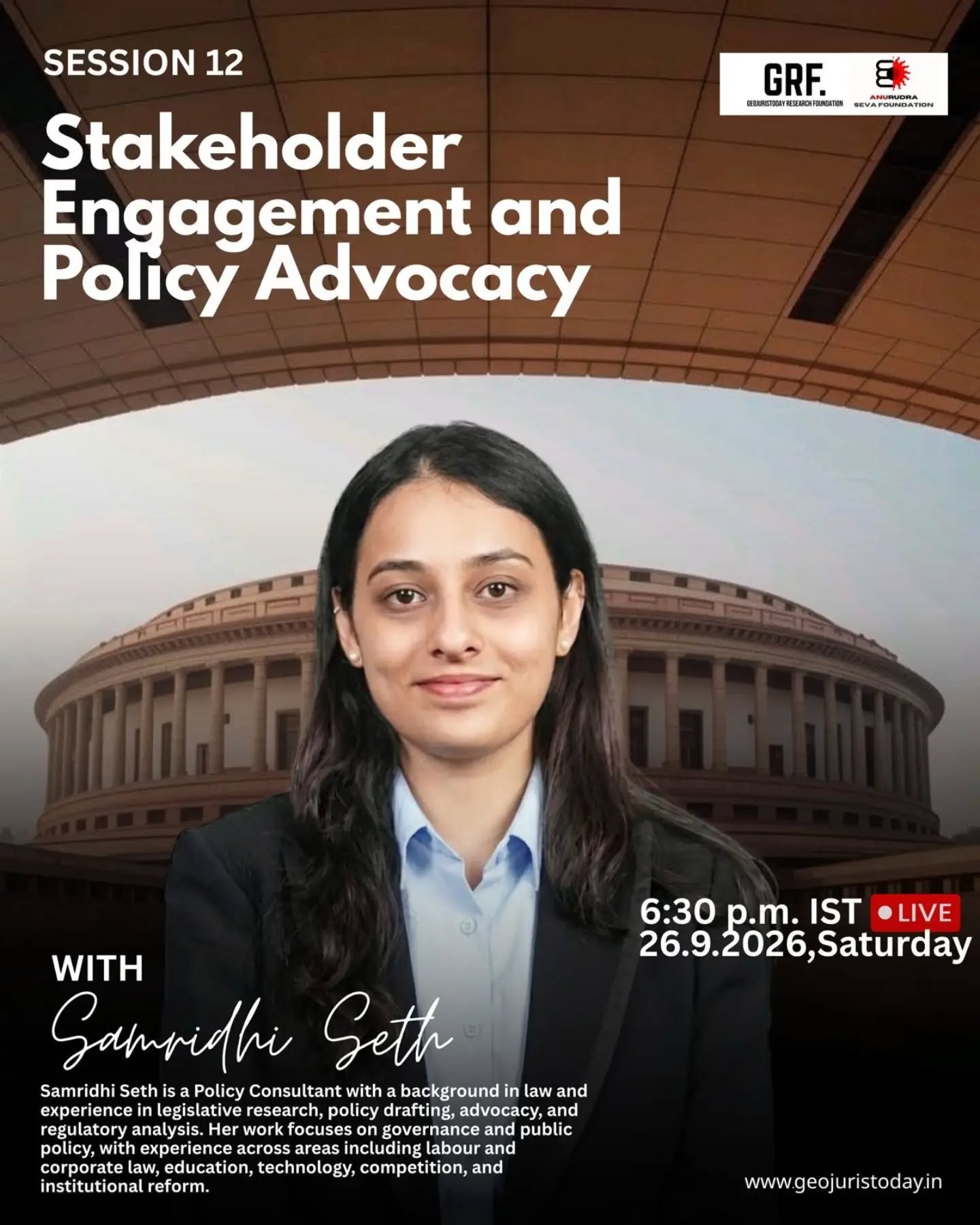 From Research to Policy: Building Meaningful Engagement
How do think tanks engage policymakers, experts, communities, media, and civil society to turn evidence into meaningful policy conversations?
Join us for an insightful session on “Stakeholder Engagement and Policy Advocacy” with Ms. Samridhi Seth, Consultant, Nation First Policy and Research Centre.
📅 26 September 2026
🕕 6:00 PM
💻 Zoom
Explore the role of evidence-based advocacy, stakeholder engagement, and relationship building in shaping informed policy conversations.
Be a part of the discussion.
#PolicyAdvocacy #StakeholderEngagement #ThinkTank #PublicPolicy #PolicyResearch Geopolitics ResearchToPolicy