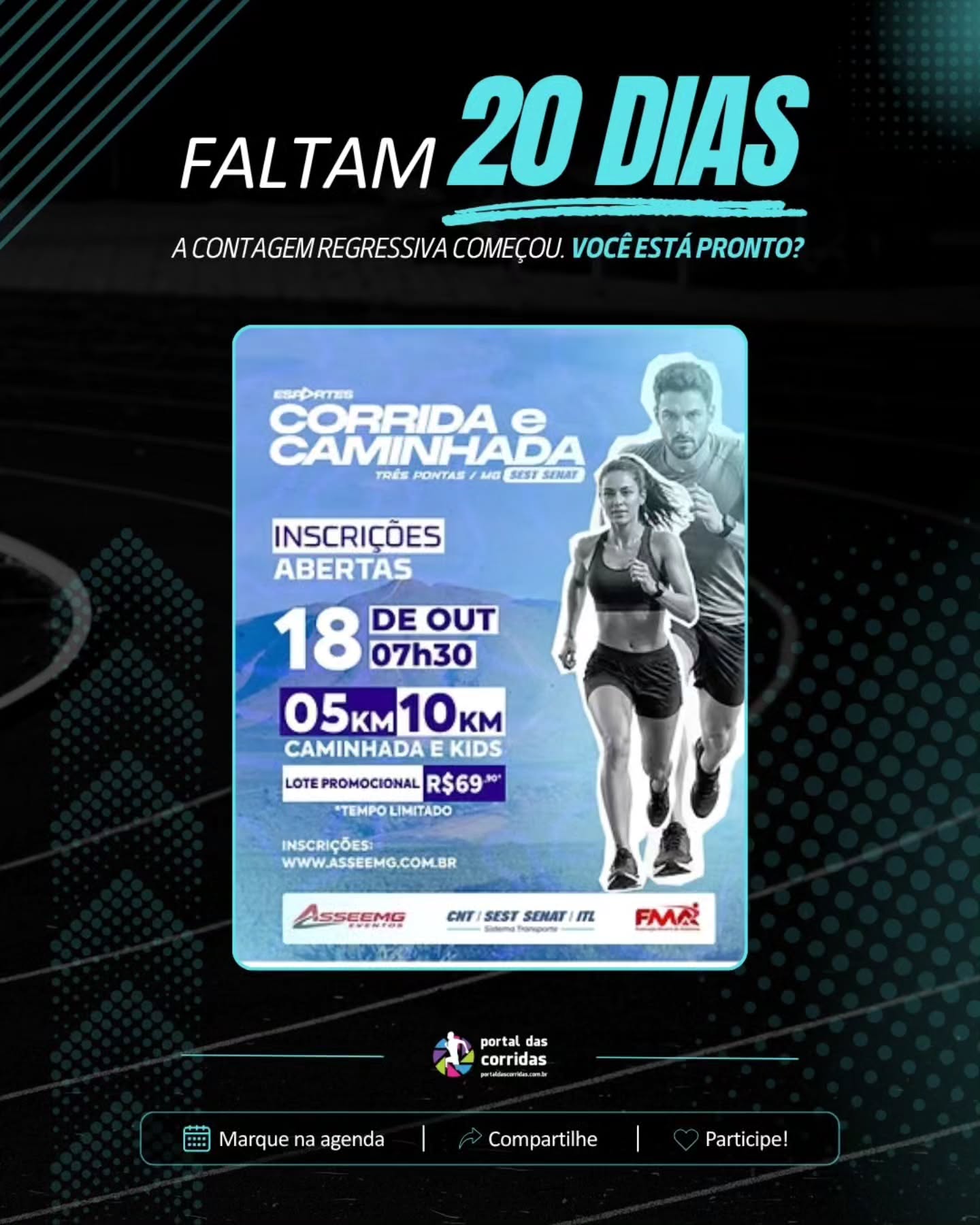 Faltam 20 dias! 🏃♀️🏃♂️✨ A contagem regressiva continua e a emoção só aumenta! Marque na agenda, compartilhe com quem vai correr com você, prepare o tênis e venha viver essa experiência de energia, superação e alegria até a linha de chegada. 🏅
📲 Participe e venha correr com a gente!
#portaldascorridas #corridaderua #vemcorrer #calendariodecorridas #running