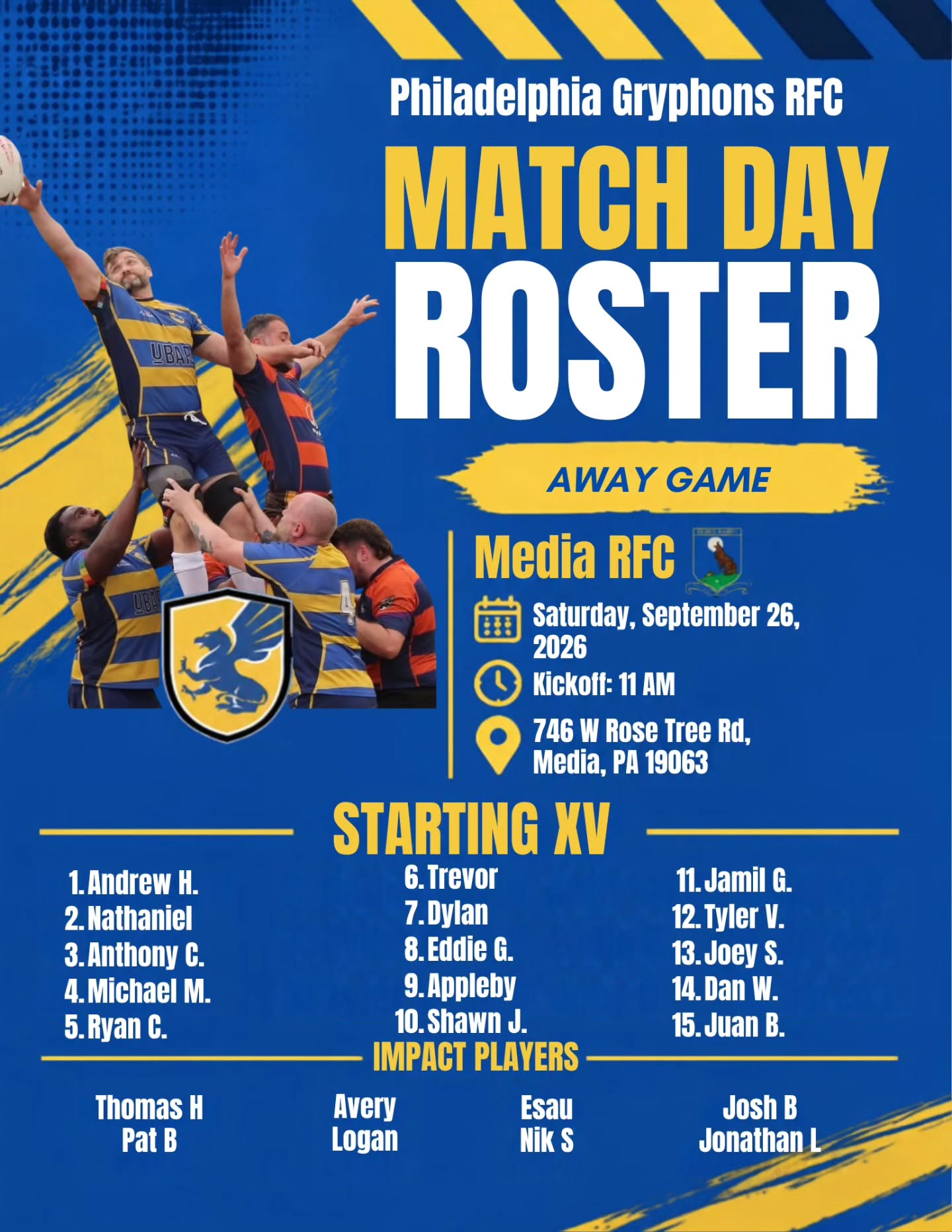 The Philly Gryphons are back in action on the road tomorrow against Media! Here's the roster taking the field for our first regular season match of the 2026-2027 competition cycle. Good luck and let's gooooooooo Gryphons! #Rugby #Pride #GrowTheGame