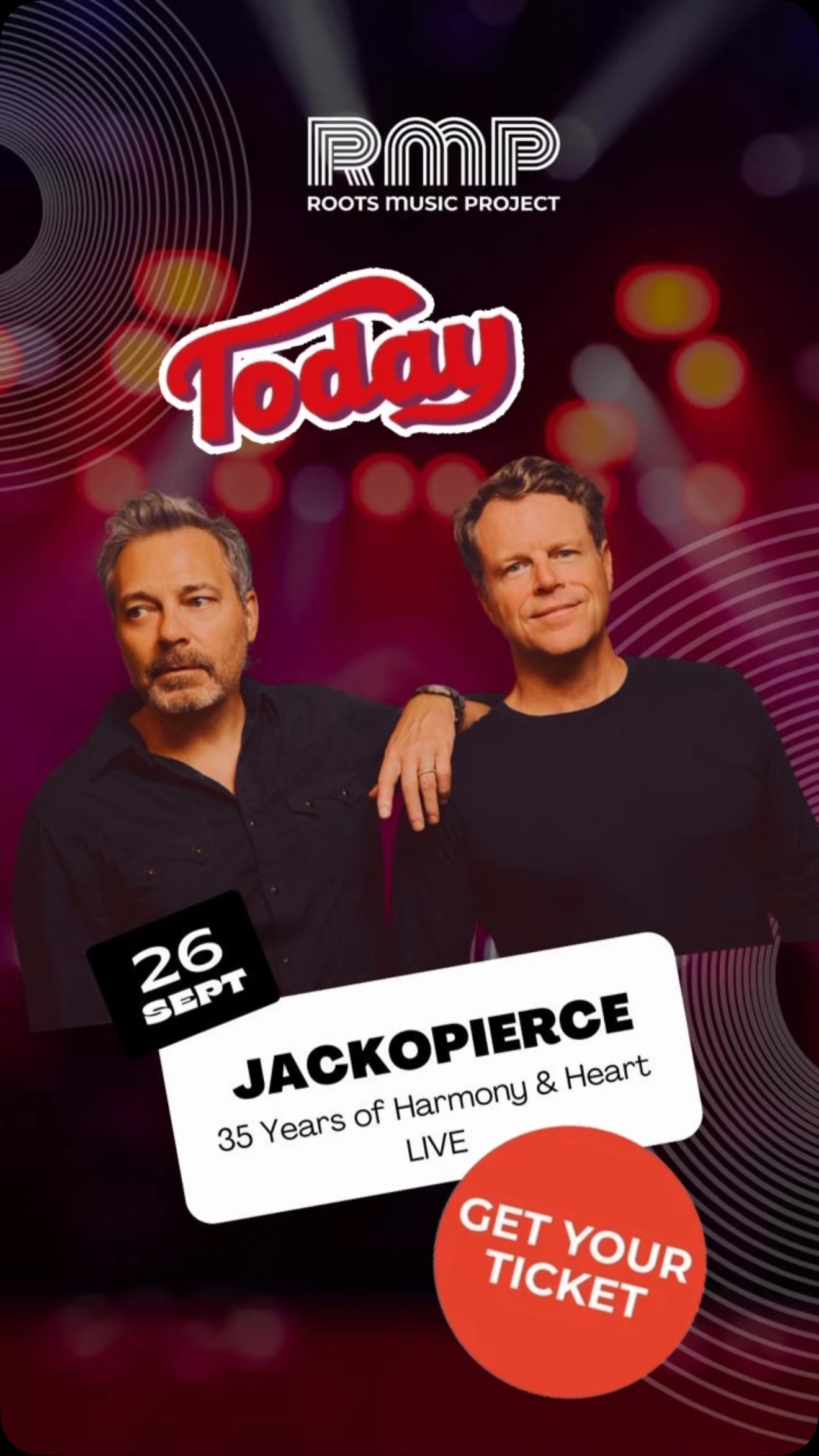 ๐ถ Jackopierce @jackopierce is coming TOMORROW to Roots Music Project! ๐ธโจ
After 35 years, three continents, and sharing stages with artists like John Mayer, Dave Matthews, and Sheryl Crow, this legendary duo is bringing their signature soaring harmonies to Boulder for an intimate seated evening. ๐ค๐ฅ
๐
Saturday, September 26th
๐ช Doors: 7:00 PM
๐ค Show: 8:00 PM
๐ Roots Music Project โ 4747 Pearl St, Boulder
๐๏ธ Reserved seating, high-top tables, and Premium Pods available โ these seats will go fast!
Get your tickets now at: RMPtix.com
.
.
.
#Jackopierce #LiveMusicBoulder #SingerSongwriter #BoulderEvents #RootsMusicProject