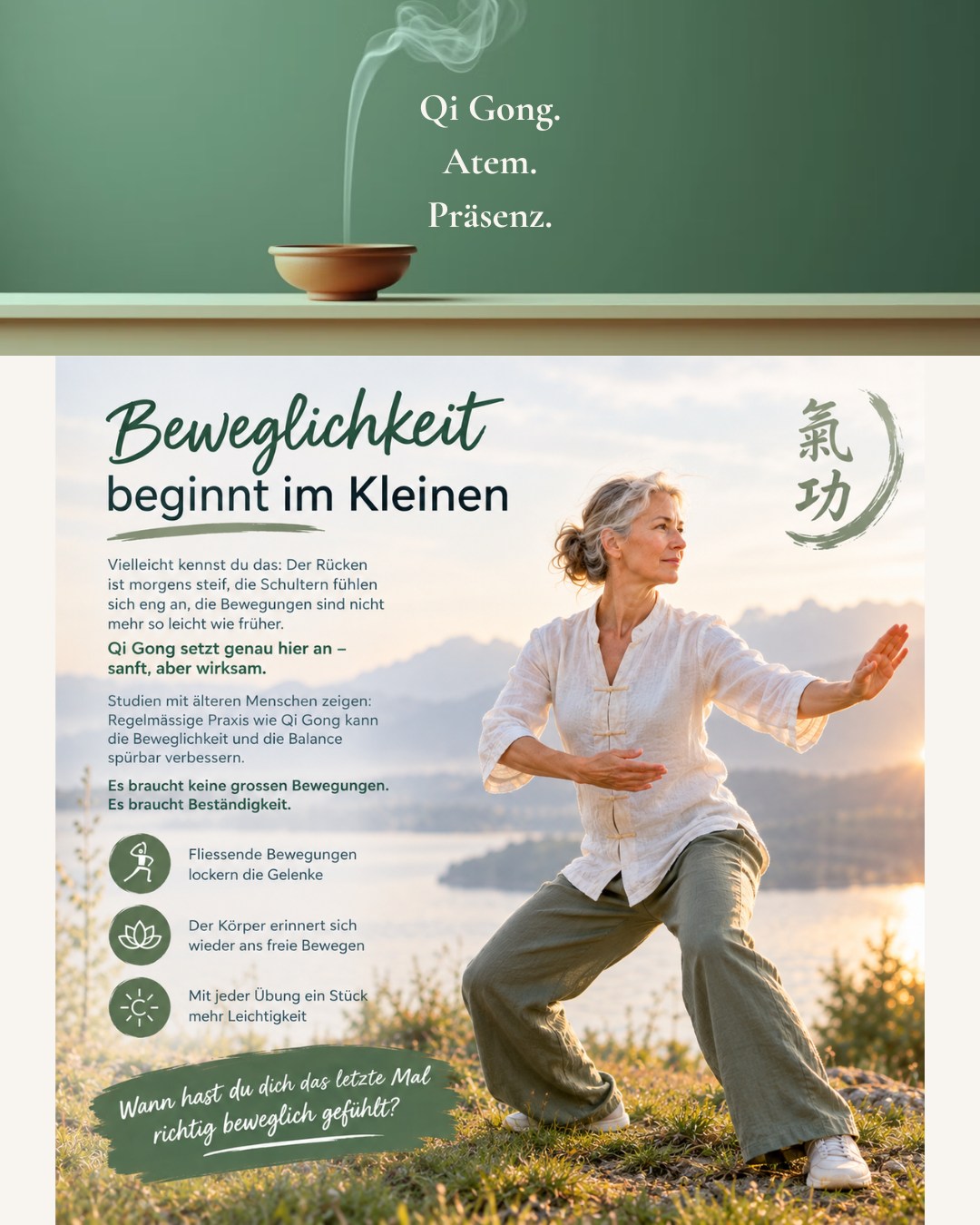 Beweglichkeit beginnt im Kleinen
Vielleicht kennst du das: Der Rücken ist morgens steif, die Schultern fühlen sich eng an, die Bewegungen sind nicht mehr so leicht wie früher.
Qi Gong setzt genau hier an – sanft, aber wirksam.
Studien mit älteren Menschen zeigen: Regelmässige Praxis wie Qi Gong kann die Beweglichkeit und die Balance spürbar verbessern.
Es braucht keine grossen Bewegungen. Es braucht Beständigkeit.
→ Fliessende Bewegungen lockern die Gelenke
→ Der Körper erinnert sich wieder ans freie Bewegen
→ Mit jeder Übung ein Stück mehr Leichtigkeit
Wann hast du dich das letzte Mal richtig beweglich gefühlt?
#ausgeglichenheit #qigong #qigongschweiz #beweglichkeit #innereruhe