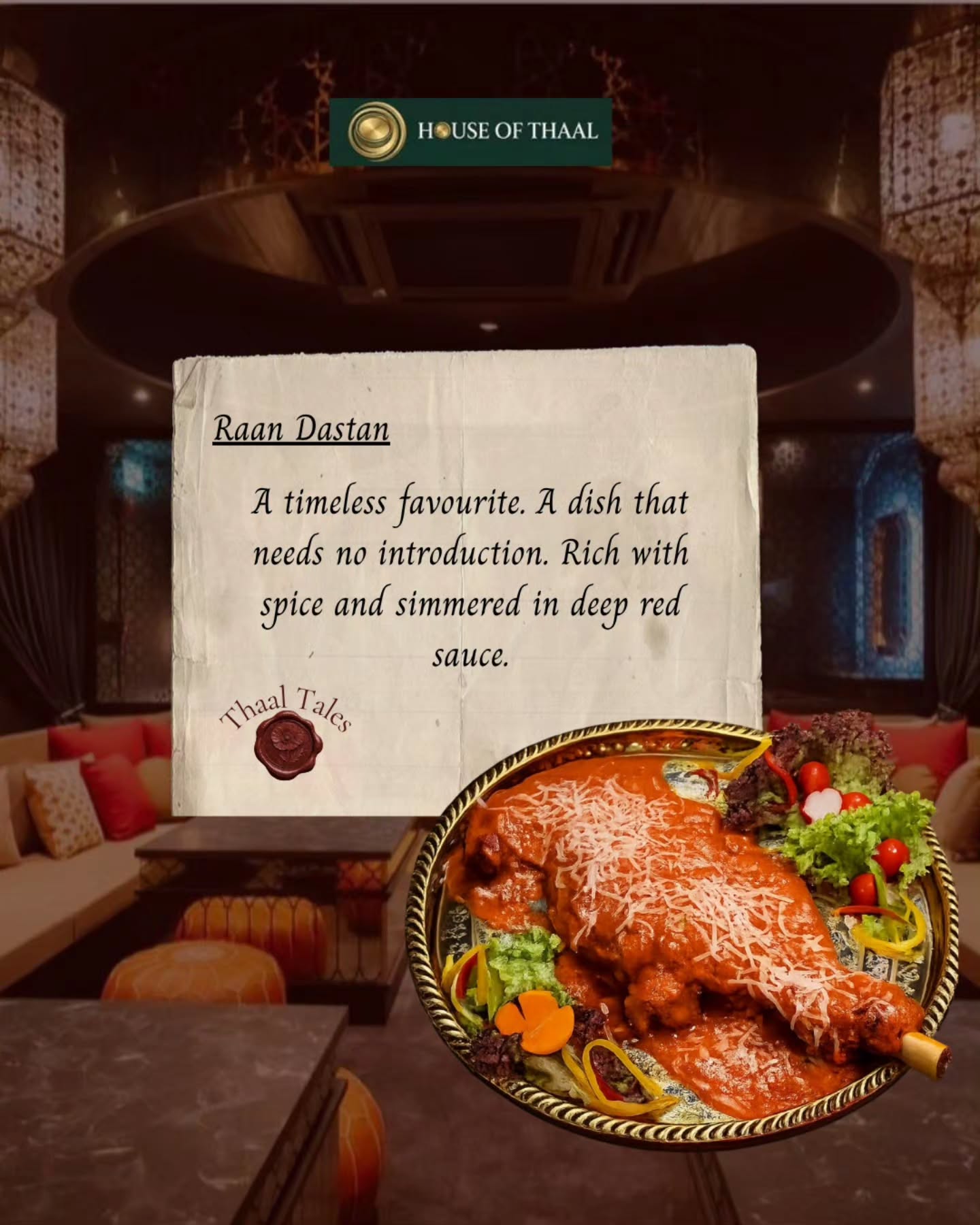 The star ✨️ for our Thaal Tales Non Veg menu
✨️ Raan Dastan
✨️ Mutton Khicdo with Khameri
✨️ Sesame Crackled Spinach Chicken