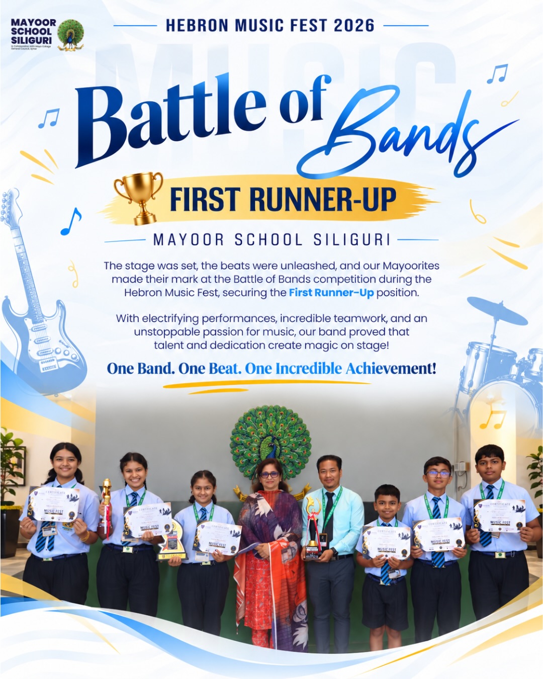 🔥 HEBRON MUSIC FEST 2026 | BATTLE OF BANDS 🎤
ONE BAND. TWO ACHIEVEMENTS. A MOMENT OF PRIDE! 🏆
The stage was set, the music was loud, and our Mayoorites made their mark! 🎶
We are incredibly proud to announce that Mayoor School Siliguri’s Band secured the 1st Runner-Up position, while Arogyani Bharati bagged the Best Vocalist Award at the Battle of Bands, Hebron Music Fest 2026, competing against 15 schools.
From electrifying performances to a voice that stole the show, our Mayoorites proved that passion, talent, and teamwork create unforgettable moments.
🌟 Two Awards. One Unforgettable Achievement.
Hebron Music Fest 2026, Battle of Bands, Mayoor School Siliguri Band, First Runner-Up, Best Vocalist Award, Arogyani Bharati, Inter-School Music Competition, School Band Achievement, Musical Excellence, Young Musical Talent, Outstanding Vocal Performance, Competition Among 15 Schools, Student Achievements, Teamwork and Passion, School Music Festival, Musical Talent, Mayoorites, School Achievements, Music Competition, and Outstanding Performance.