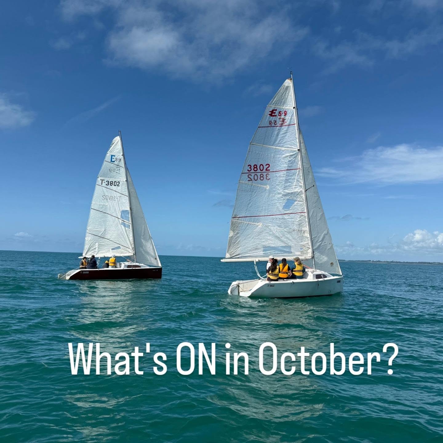 🌟 What's ON - October 2026 🌟
⛵️Saturday 3rd - Champs Racing - Juniors 0850am briefing and Seniors 2pm start
⛵️6th - 8th Oct - Junior Learn to Sail 9am until noon
⛵️Tuesday 6th Oct - ALTS 7pm FREE classroom session
⛵️Saturday 10th - Sprint Racing - Juniors 0850am briefing and Seniors 2pm start
⛵️Tuesday 13th - ALTS 7pm FREE classroom session
⛵️Wednesday 14th - Junior Coaching 5pm
⛵️Saturday 17th - Champs Racing - Juniors 0850am briefing and Seniors 2pm start
⛵️Tuesday 20th - ALTS 5.30pm FREE rigging sessions
⛵️Wednesday 21st - Junior Coaching 5pm
⛵️Saturday 24th NO SAILING - LABOUR WEEKEND
⛵️Tuesday 27th - ALTS 5.30pm FREE rigging sessions
⛵️Wednesday 28th - Junior Coaching
⛵️Saturday 31st - 👻 🎃 Mark Foy - Juniors 0850am briefing and Seniors 2pm start