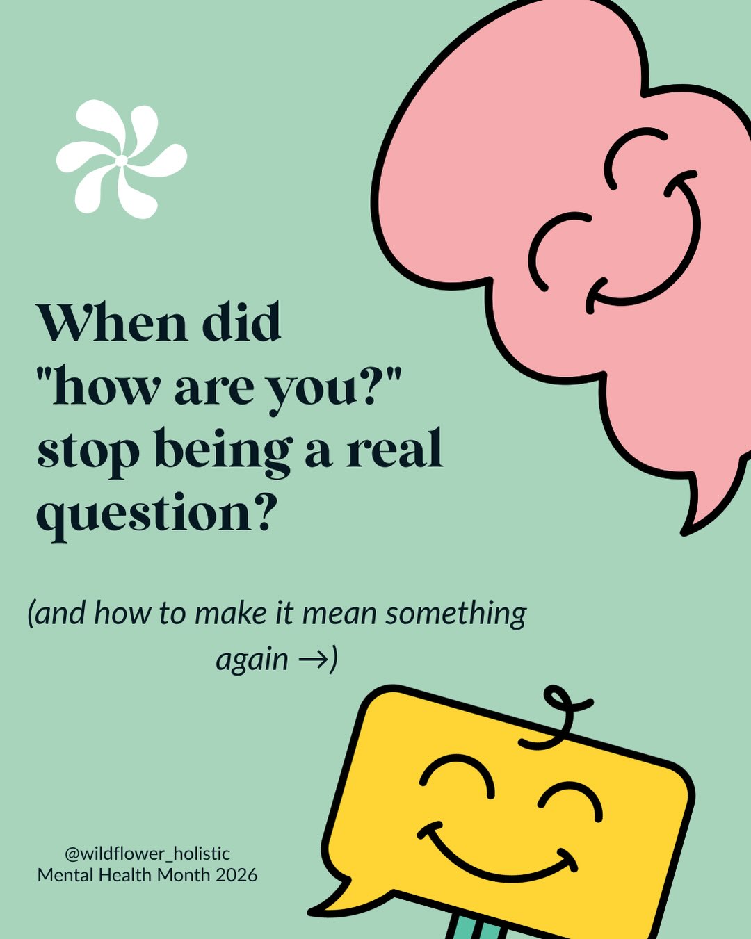 Count how many times you’ll say “how are you” today without actually waiting for the answer. You’ll likely lose count by lunchtime.
It’s not that we don’t care. It’s that “how are you” has become something we say instead of hello, a little reflex on the way past.
The catch is that the people having the hardest time have learned to answer it the same way we ask it. On autopilot. “Good thanks,” and they keep moving, because the question never really opened the door.
You don’t have to turn every chat into a deep and meaningful. Just, every now and then, ask like you mean it, and slow down for the answer. Or go first and be a little honest yourself. It’s amazing how fast that gives the other person permission to do the same.
When’s the last time someone asked how you were and actually waited to hear it? 💛
#thewildflowerway #mentalhealthmonth2026 #mentalhealthmonth #fypppppppppp #fyp