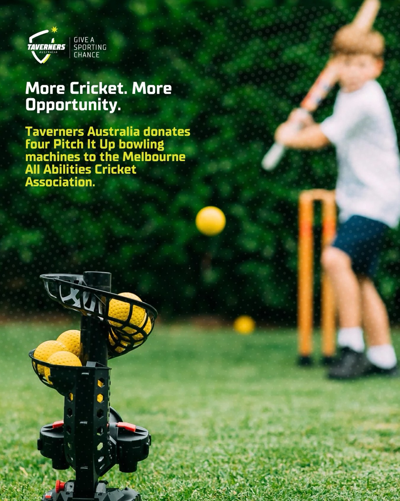 🏏 Giving every cricketer a chance.
Taverners Australia has donated four @PitchItUp.Cricket bowling machines to the Melbourne All Abilities Cricket Association (MAACA), helping create more opportunities for players to build their skills, confidence and enjoyment of the game.
The machines will be trialled across disability cricket teams throughout metropolitan Melbourne over six weeks, with feedback helping explore how they could support even more players and programs in the future.
A simple piece of equipment with the potential to make a meaningful difference. 💚
Read more about the initiative via our link in bio
#TavernersAustralia #GiveASportingChance #AllAbilitiesCricket #InclusiveCricket #CricketForAll