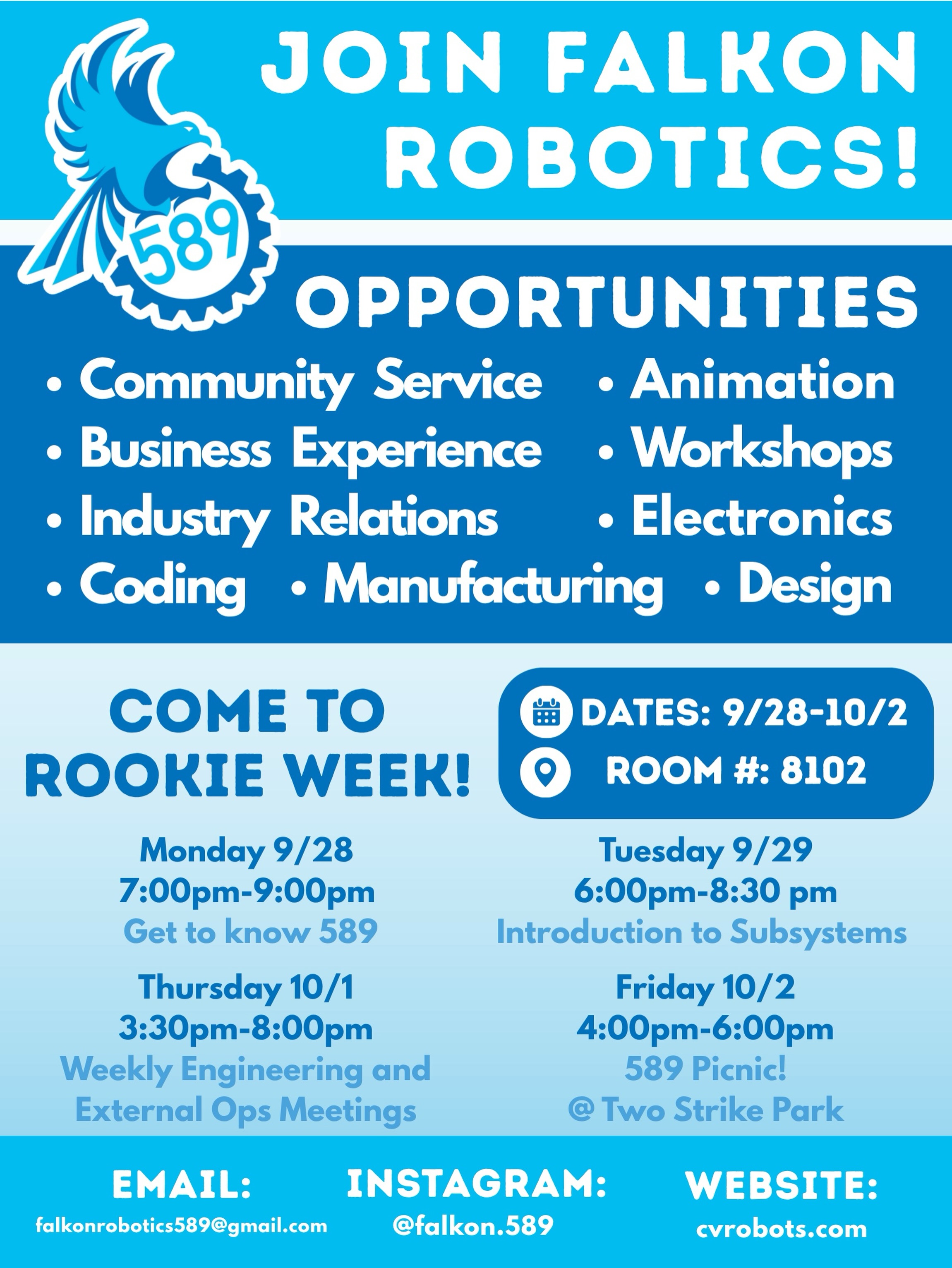 Come to Falkon Robotics’ Rookie week starting this Monday!! No experience needed!