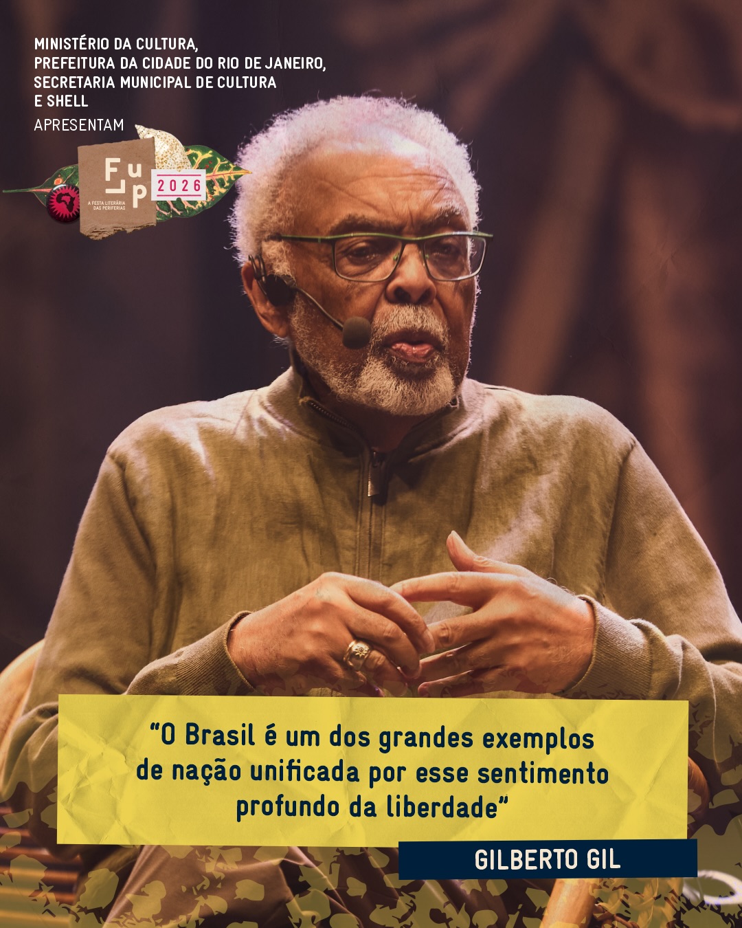 Gil é nosso griô. E recebê-lo mais uma vez na Flup foi daqueles encontros que deixam o coração em festa!
Foi um mix de boas alegrias, dessa vez ao lado de Duquesa, numa conversa entre gerações sobre música, liberdade e o futuro do país que seguimos imaginando.
“O Brasil é um dos grandes exemplos de nação unificada por esse sentimento profundo da liberdade, com todas as dificuldades da nossa história, mas com esse projeto muito nitidamente no coração brasileiro. Então, ou o mundo se ‘brasilifica’, ou estaremos ameaçados cada vez mais pela volta do nazismo.”
Foi um prazer imenso receber Gilberto Gil mais uma vez.
Porque tem presença que não chega sozinha: traz memória coletiva.
Vem celebrar as histórias na maré da memória. 🌸
Até 27 de setembro no Teatro Carlos Gomes, Praça Tiradentes e Salão Guarani.
A 16ª FLUP é apresentada pelo Ministério da Cultura, Prefeitura da Cidade do Rio de Janeiro, Secretaria de Cultura e Shell. Tem patrocínio master da Shell por meio da Lei Federal de Incentivo à Cultura, patrocínio da Prefeitura da Cidade do Rio de Janeiro e Secretaria de Cultura, por meio da Lei Municipal de Incentivo à Cultura - Lei do ISS, e Secretaria Municipal de Educação. O apoio é da Fundação Ford, Imaginable Futures, Instituto Ibirapitanga, Hawthornden Foundation, Fundação Itaú e British Council. A parceria é da Embaixada da França. Realização: Suave, Associação Na Nave e Ministério da Cultura.
De 16 a 27 de setembro, o Rio recebe a primeira edição da Semana de Arte do Rio.
Serão 12 dias de programação, reunindo festivais, exposições, intervenções urbanas e atividades de diferentes linguagens artísticas em espaços culturais, museus, teatros, galerias e equipamentos públicos da região central.
Uma plataforma que conecta arte, cultura, cidade e economia, fortalecendo o Rio como referência na produção artística contemporânea.
