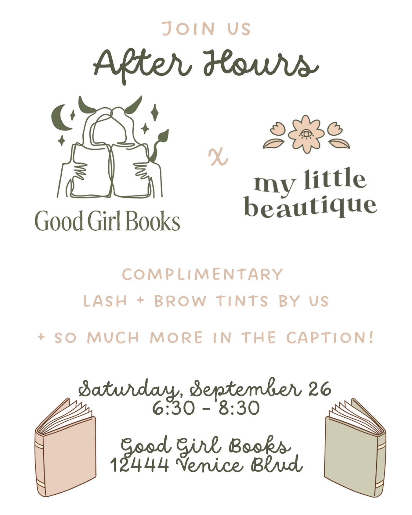 We can’t wait to see you all tomorrow @goodgirlbooksla
Tiana will be doing complimentary lash and brow tints and we will be giving out goodie bags to the first 50 people!
There will also be…
10% off all in-store purchases
Wine & snacks
Free copies of new books
Mini candles from Charm Candles
Calligraphy from Featherletter
Caricature artist
Crafts, games, and other bookish activities!
#goodgirlbooks #lashtint #browtint #losangelessalon #shopsmalllosangeles
